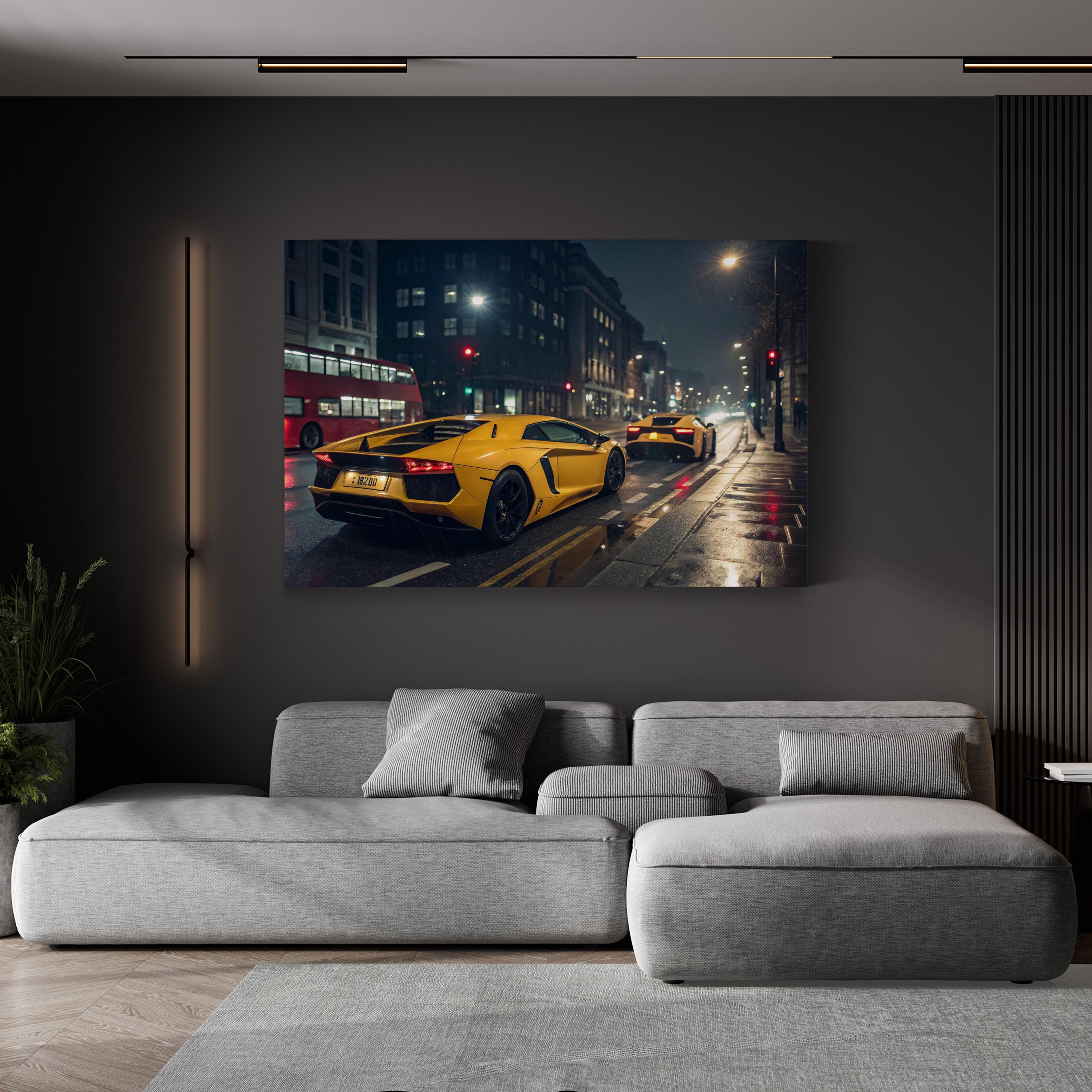 Yellow Sports Car Night City – Vintage Photography Wall Art | Automotive Canvas Print