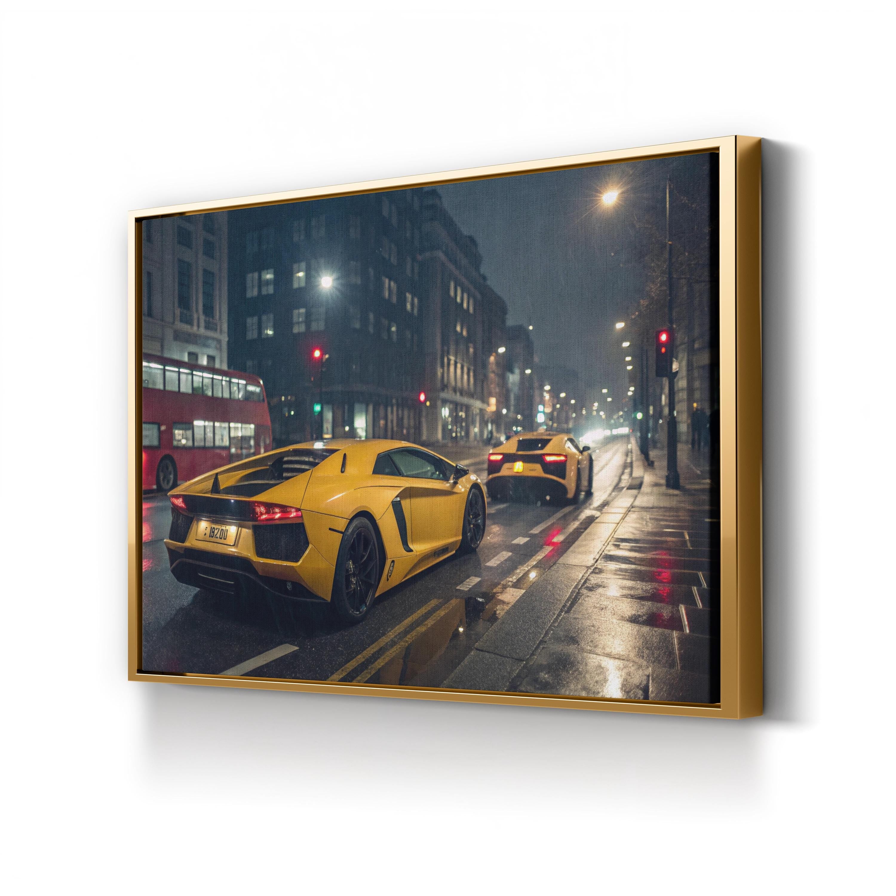 Yellow Sports Car Night City – Vintage Photography Wall Art | Automotive Canvas Print