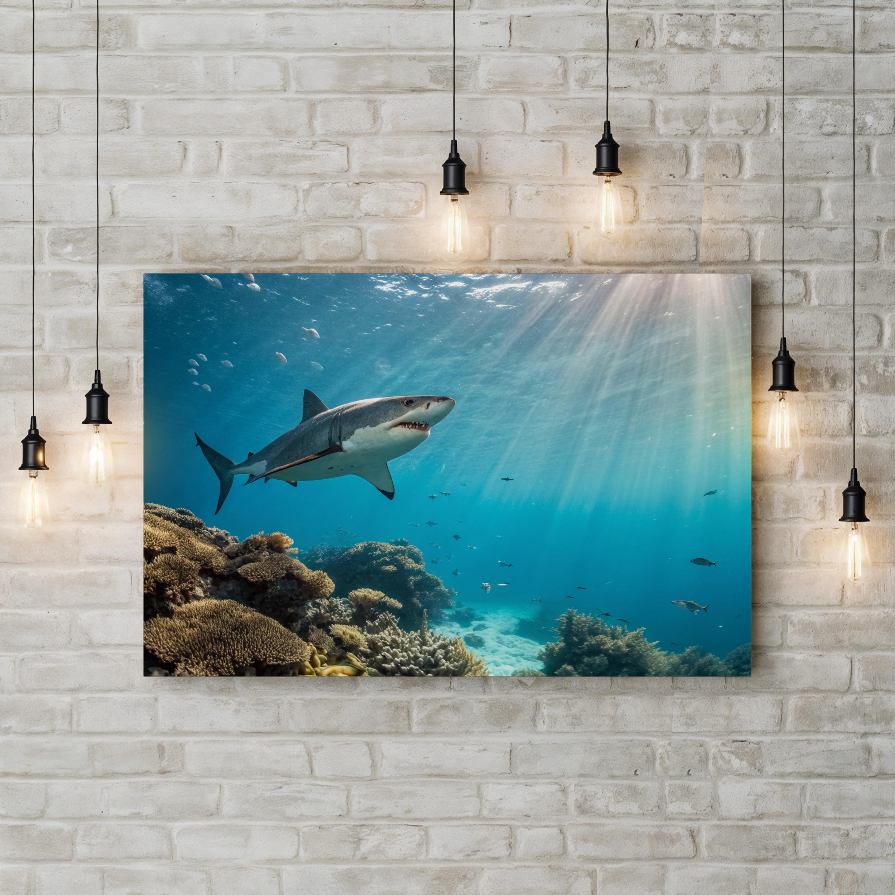 Underwater Terror, Coral Reef — Great White Shark Ocean Wildlife Canvas Wall Art