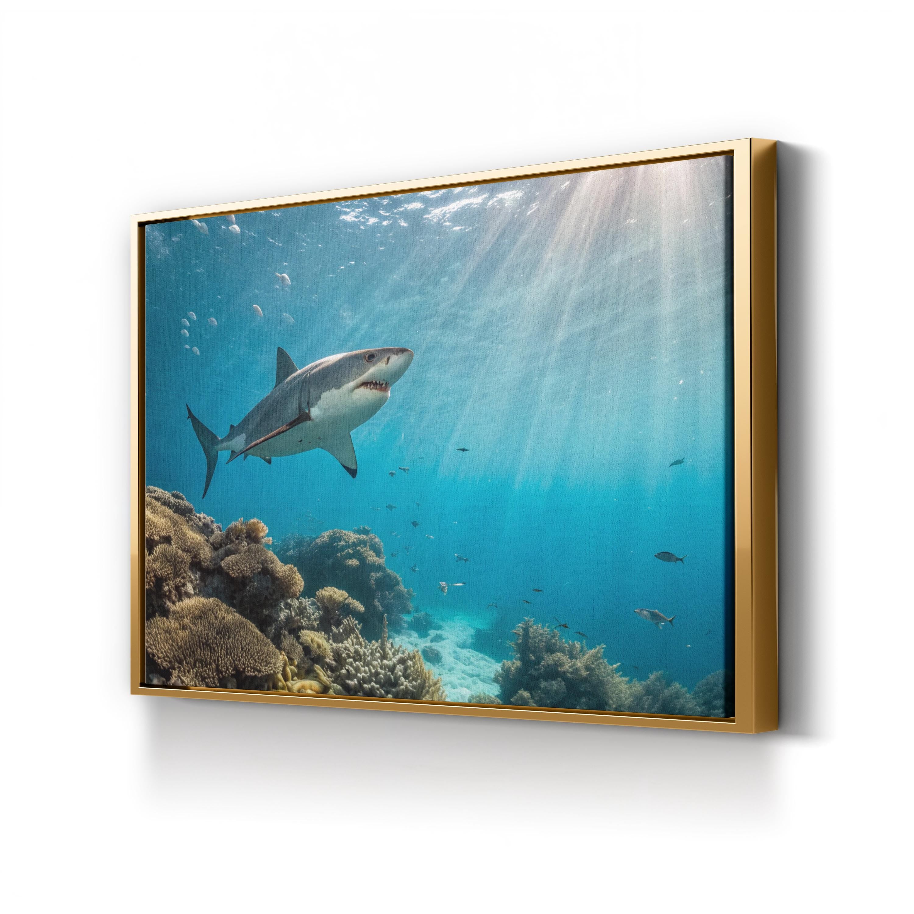 Underwater Terror, Coral Reef — Great White Shark Ocean Wildlife Canvas Wall Art