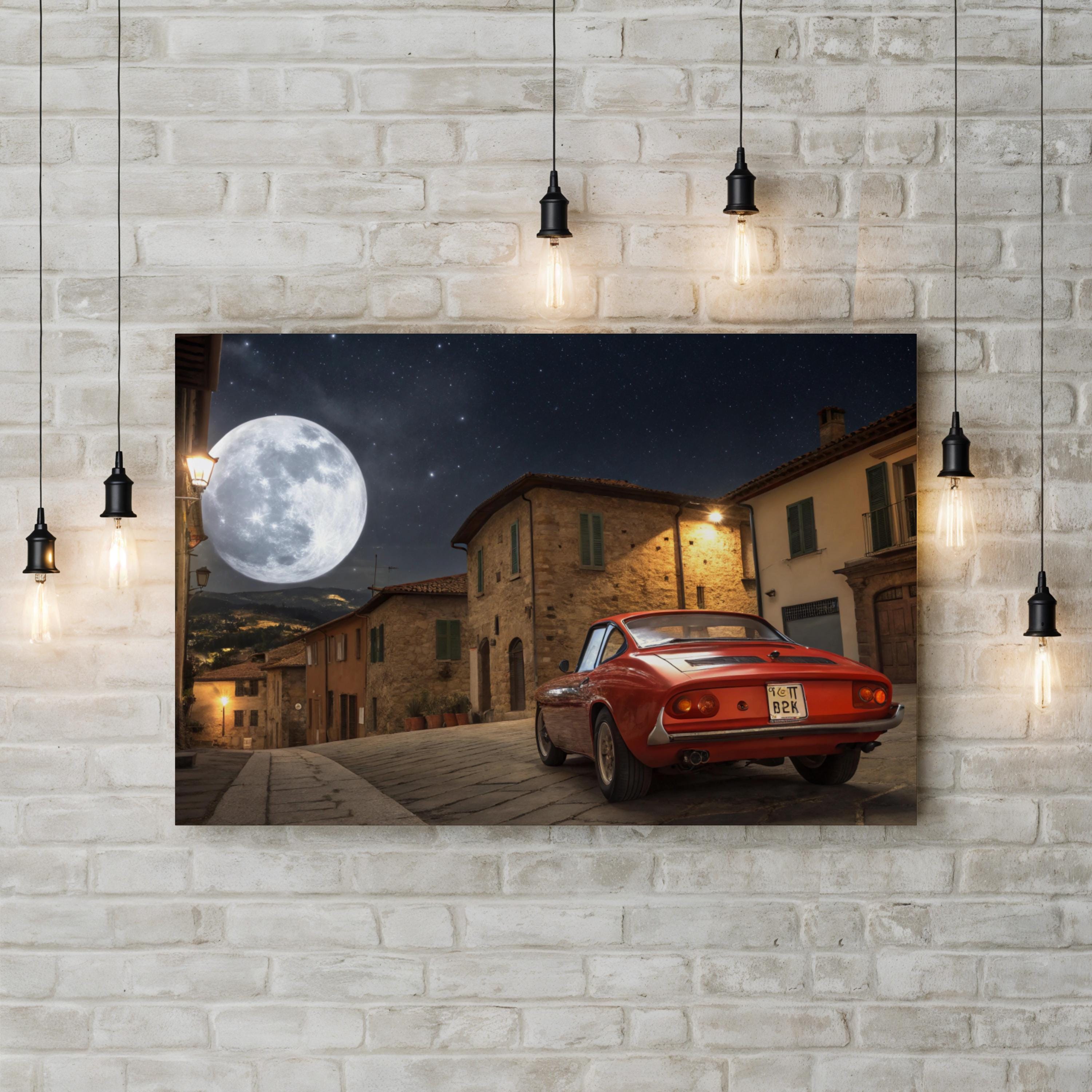 Vintage Red Car Moonlight – Vintage Photography Wall Art | Classic Automotive Canvas Print