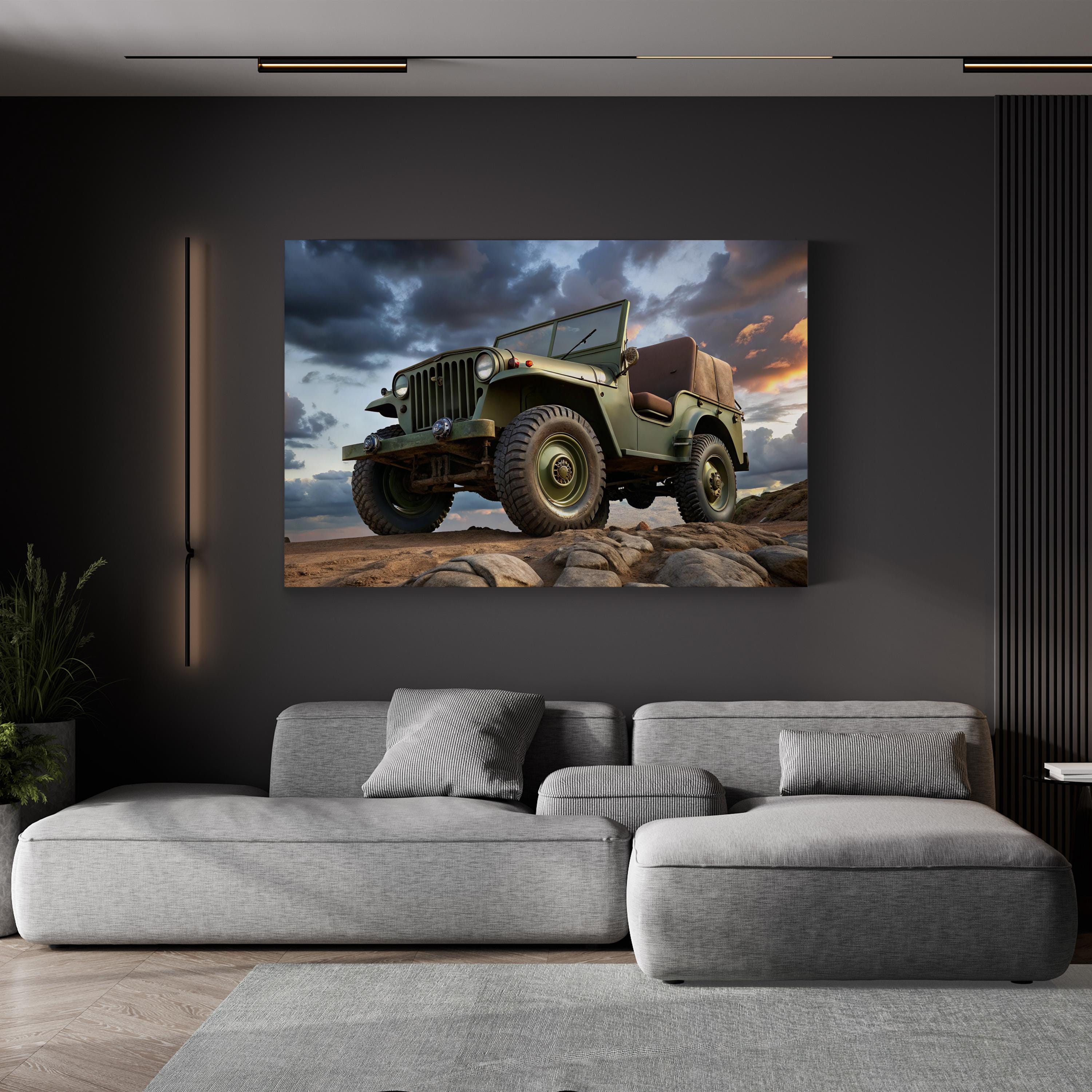 Vintage Military 4x4 Off-Roader – Period Illustration Wall Art | Rugged Automotive Canvas Print
