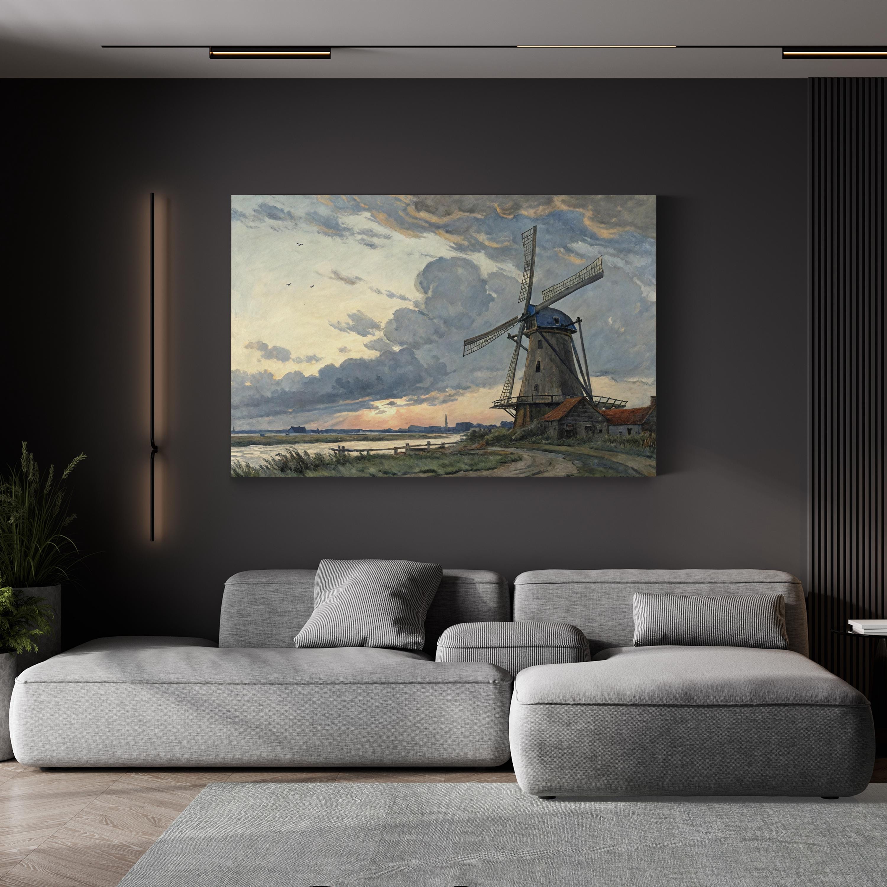Vintage Windmill Countryside – Period Illustration Wall Art | Rustic Landscape Canvas Print
