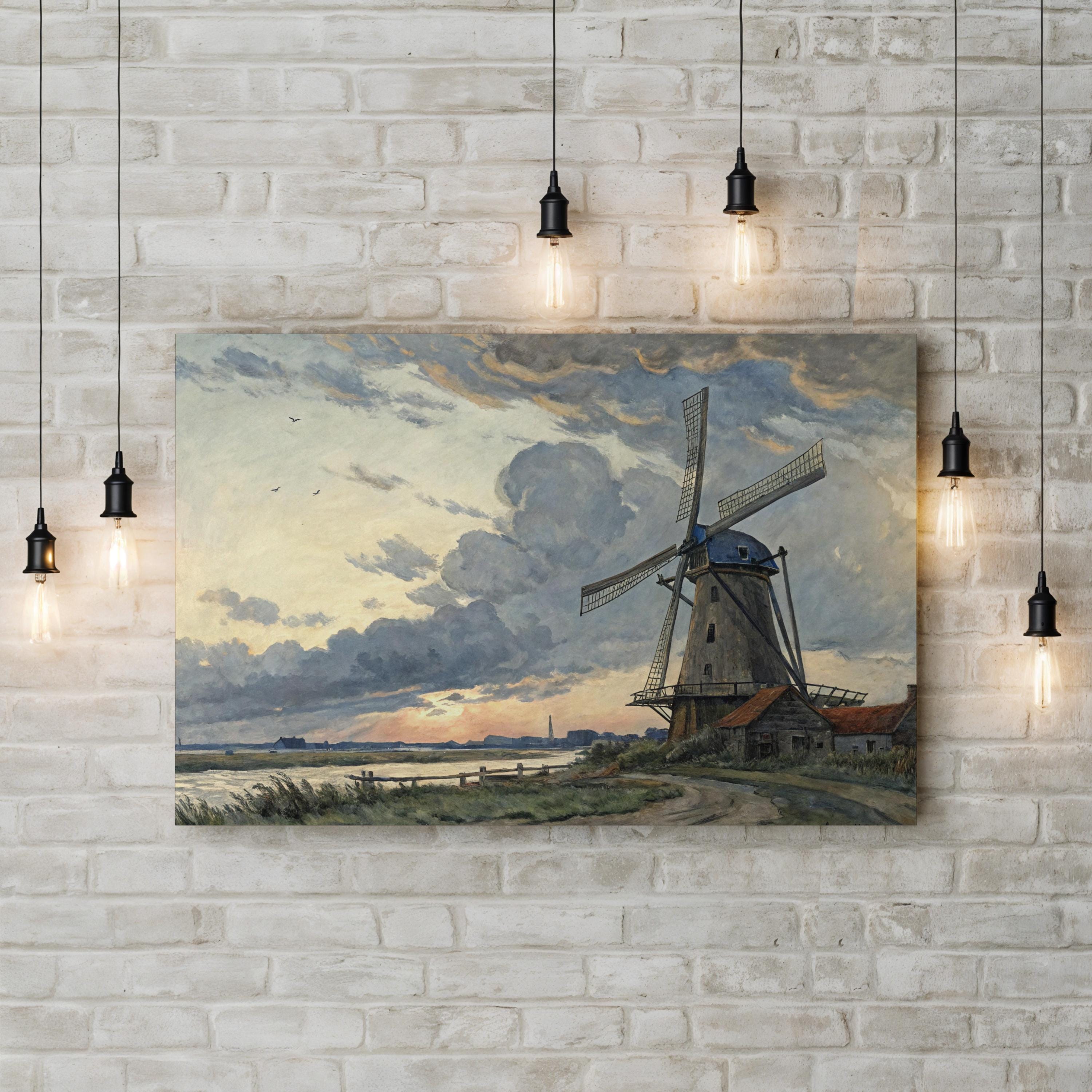 Vintage Windmill Countryside – Period Illustration Wall Art | Rustic Landscape Canvas Print