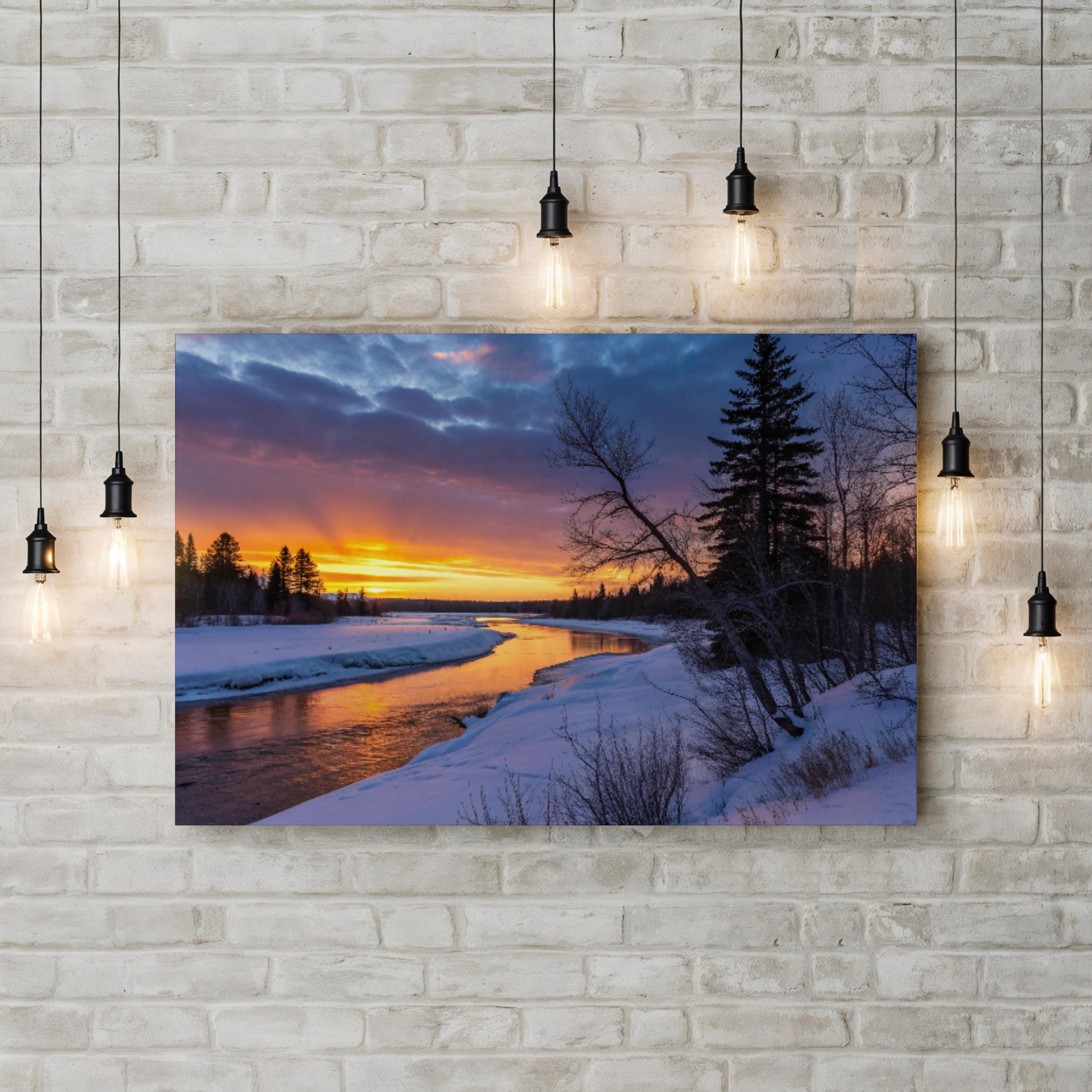 Winter Twilight River – Vintage Photography Wall Art | Snowy Landscape Canvas Print