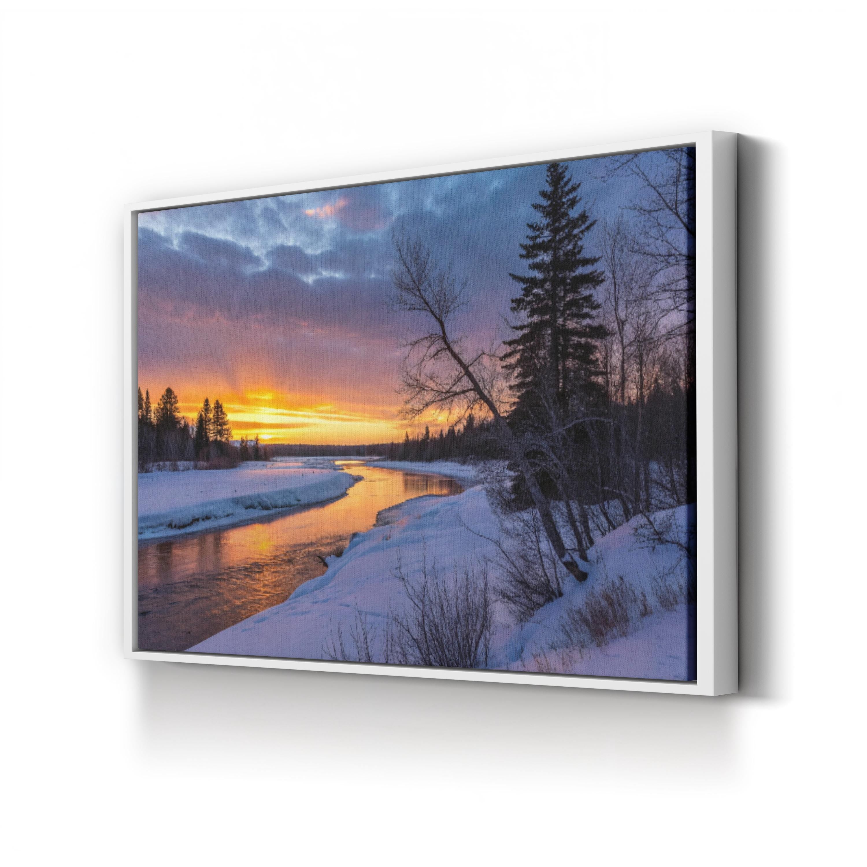Winter Twilight River – Vintage Photography Wall Art | Snowy Landscape Canvas Print