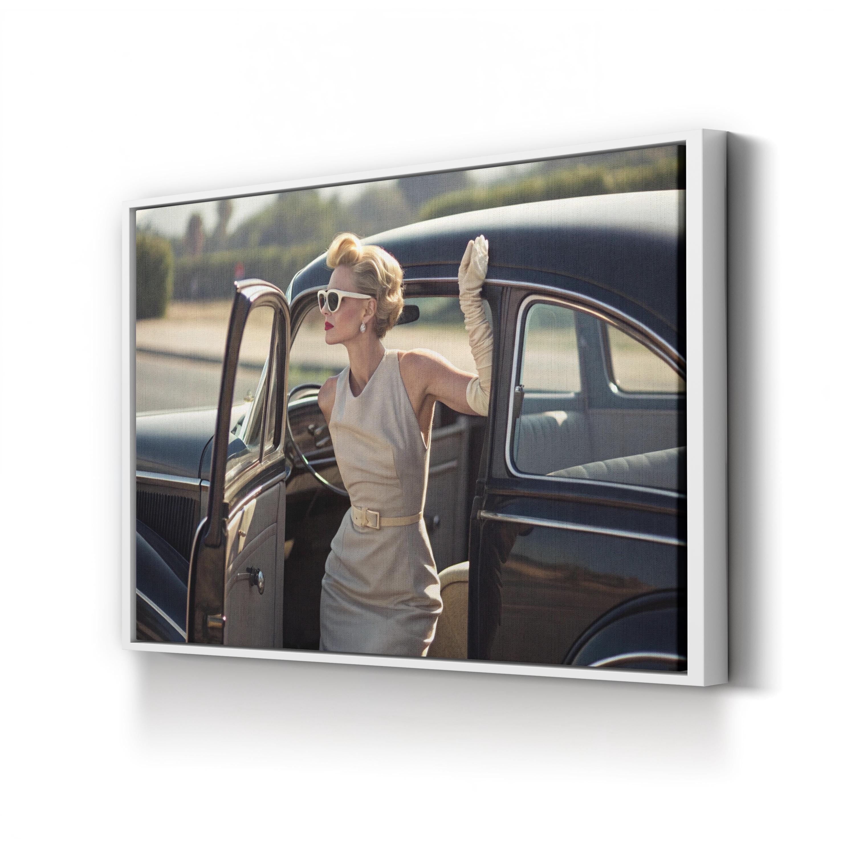 1950s Retro Car with Elegant Woman – Period Illustration Wall Art | Vintage Automotive Canvas Print