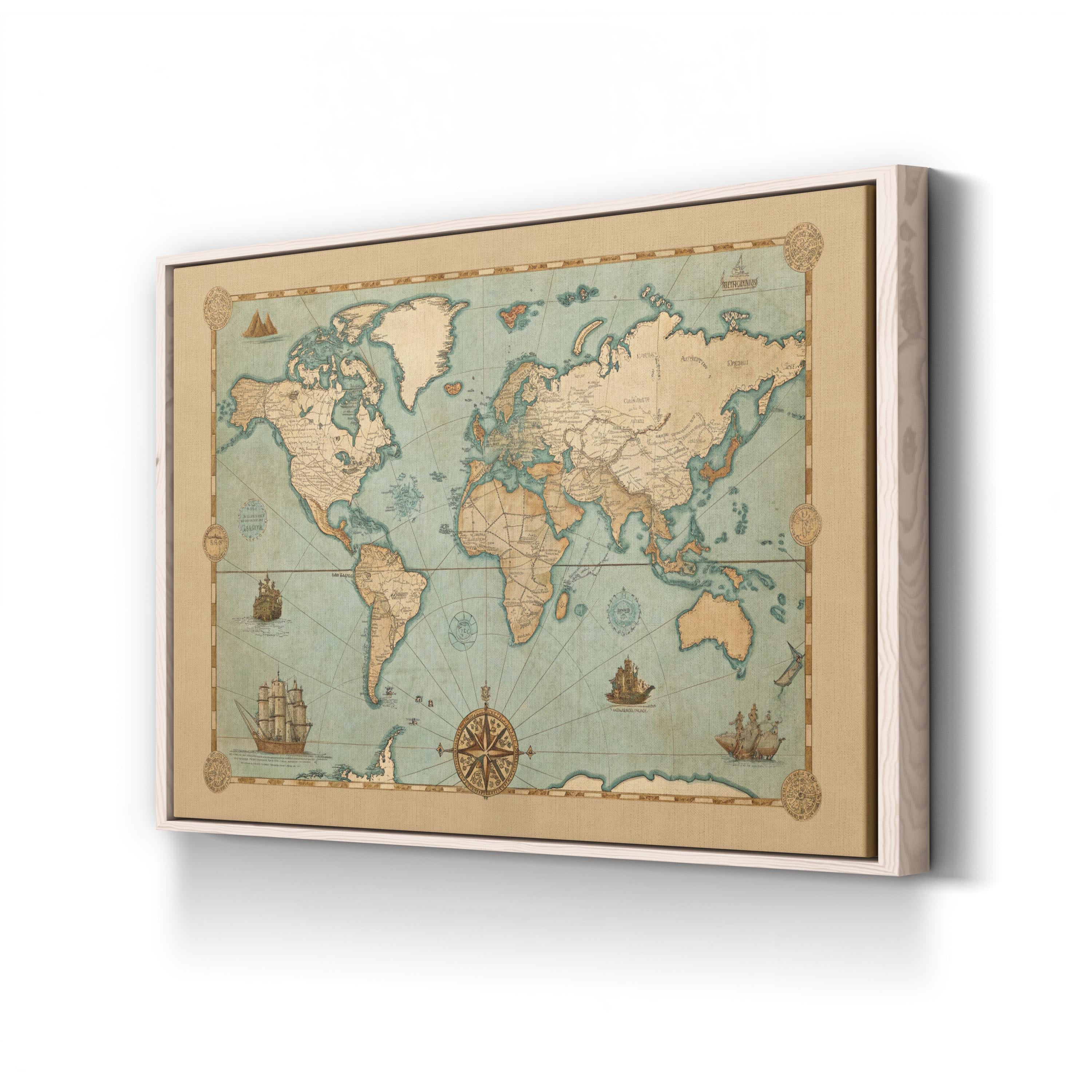 Vintage World Map with Nautical Compass – Historical Map Wall Art | Antique Cartography Canvas Print