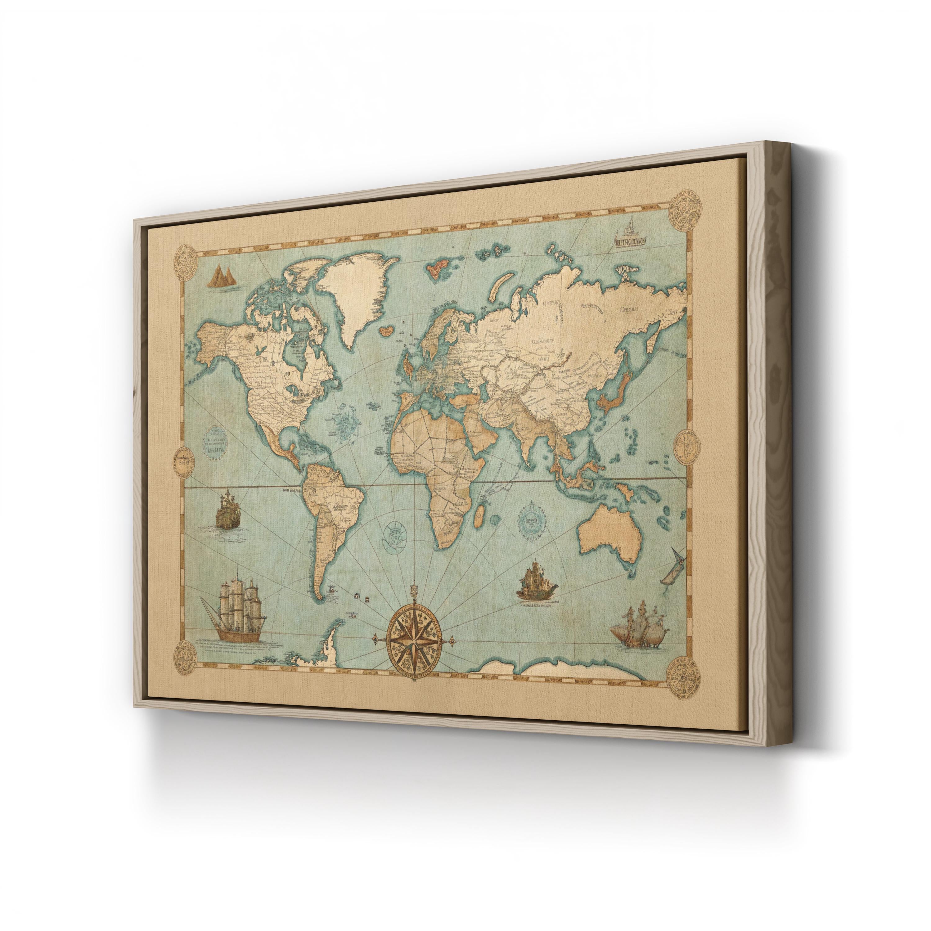 Vintage World Map with Nautical Compass – Historical Map Wall Art | Antique Cartography Canvas Print