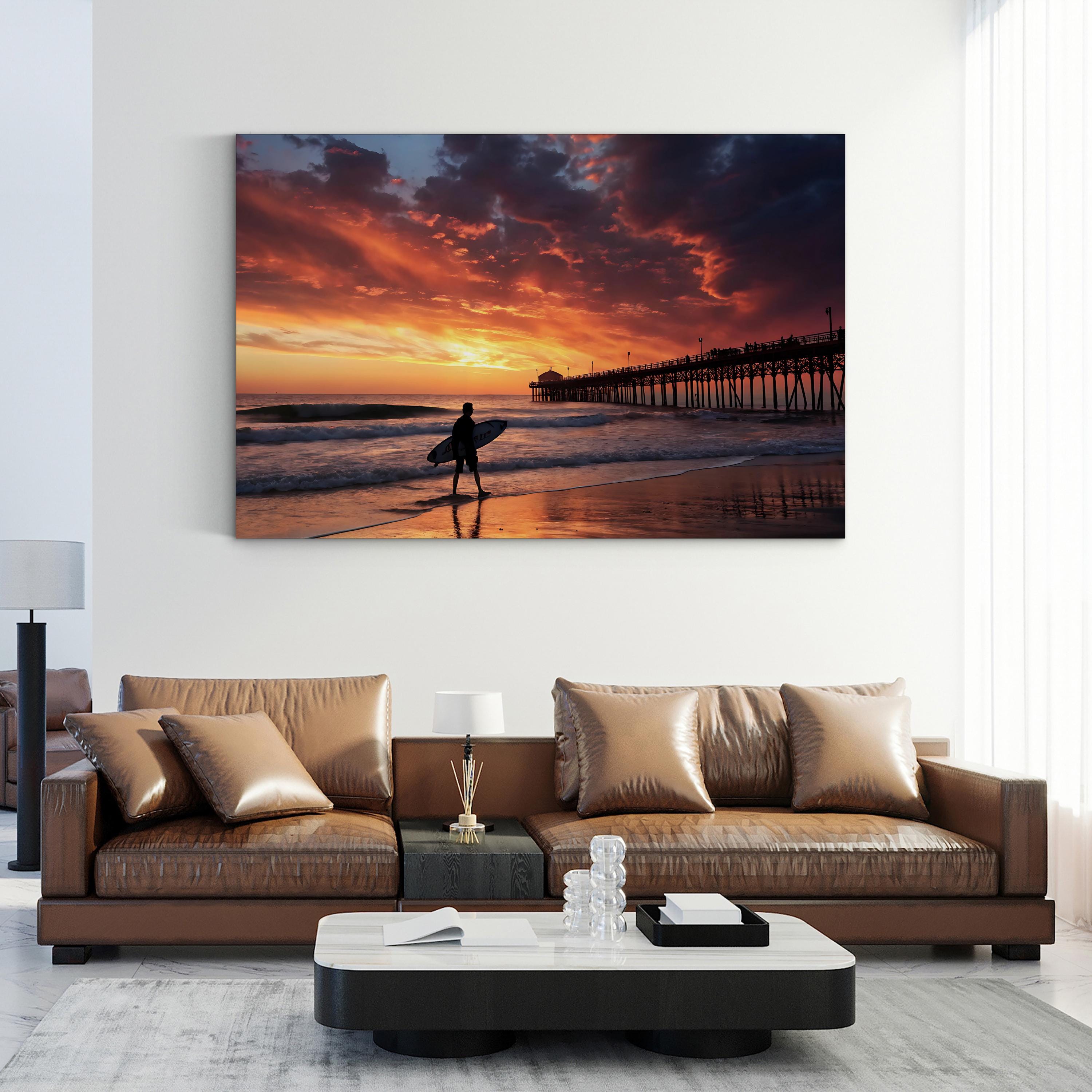Surfer Sunset Beach Pier – Vintage Photography Wall Art | Coastal Canvas Print