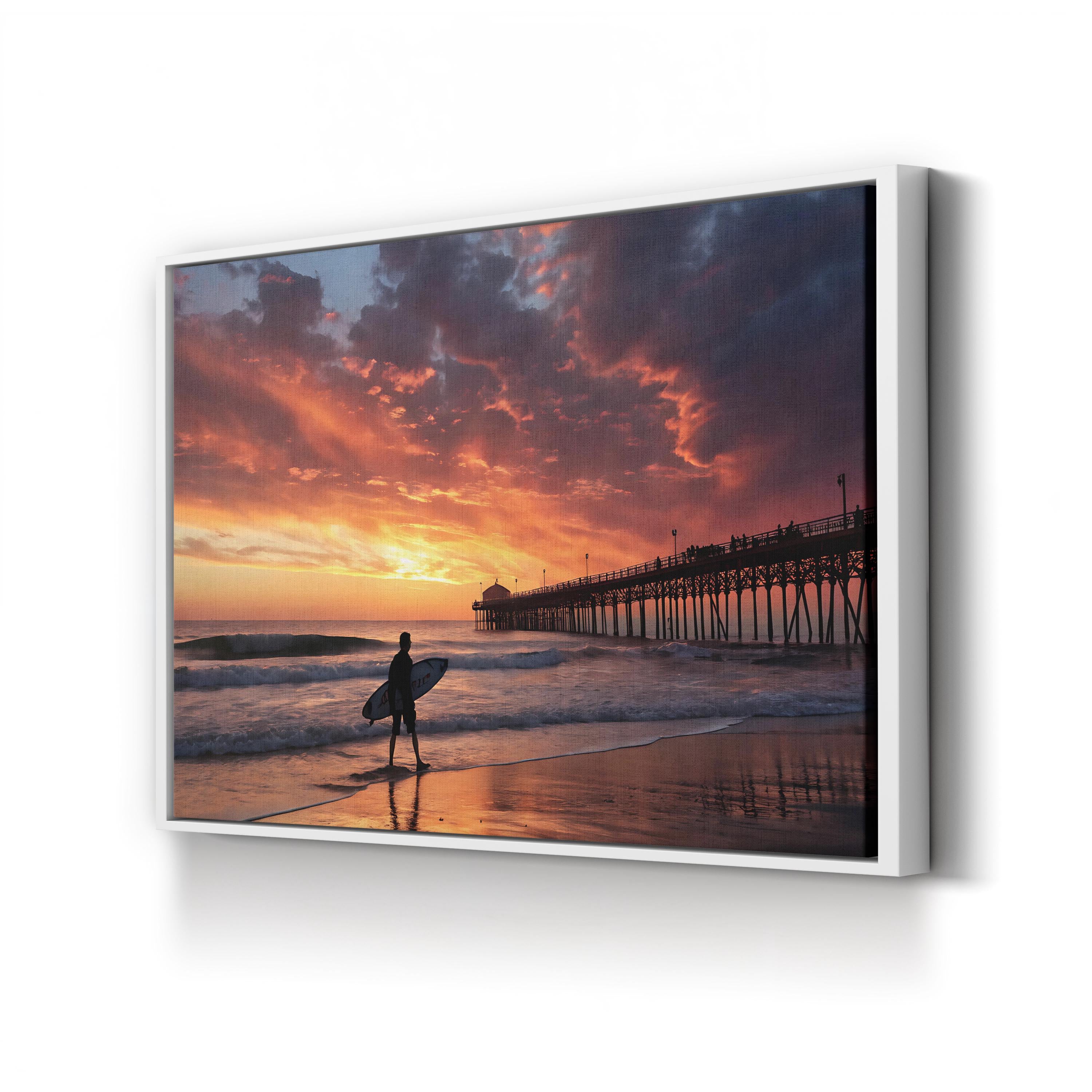 Surfer Sunset Beach Pier – Vintage Photography Wall Art | Coastal Canvas Print