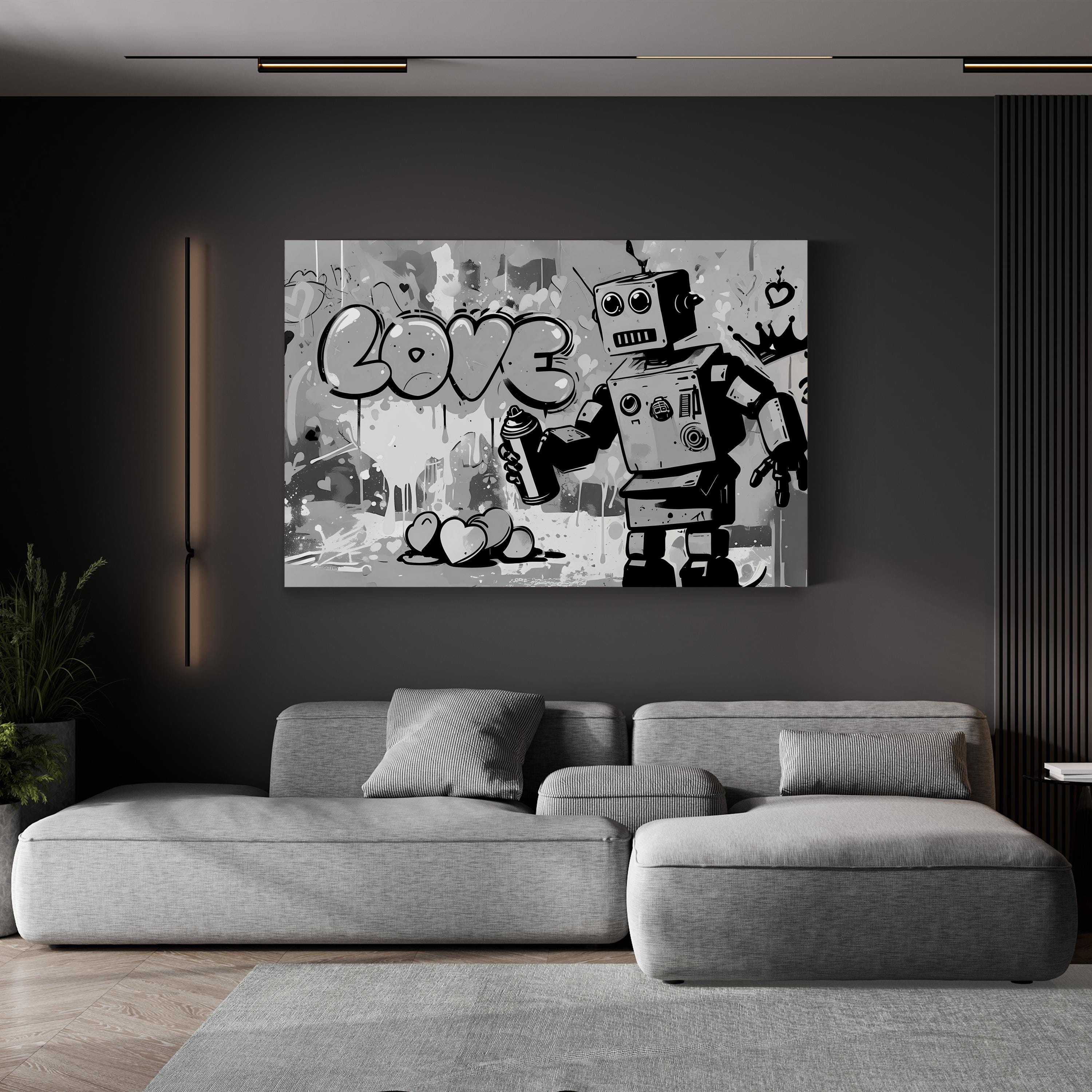 Banksy Warhol Robot Graffiti – Period Illustration Wall Art | Urban Street Canvas Print