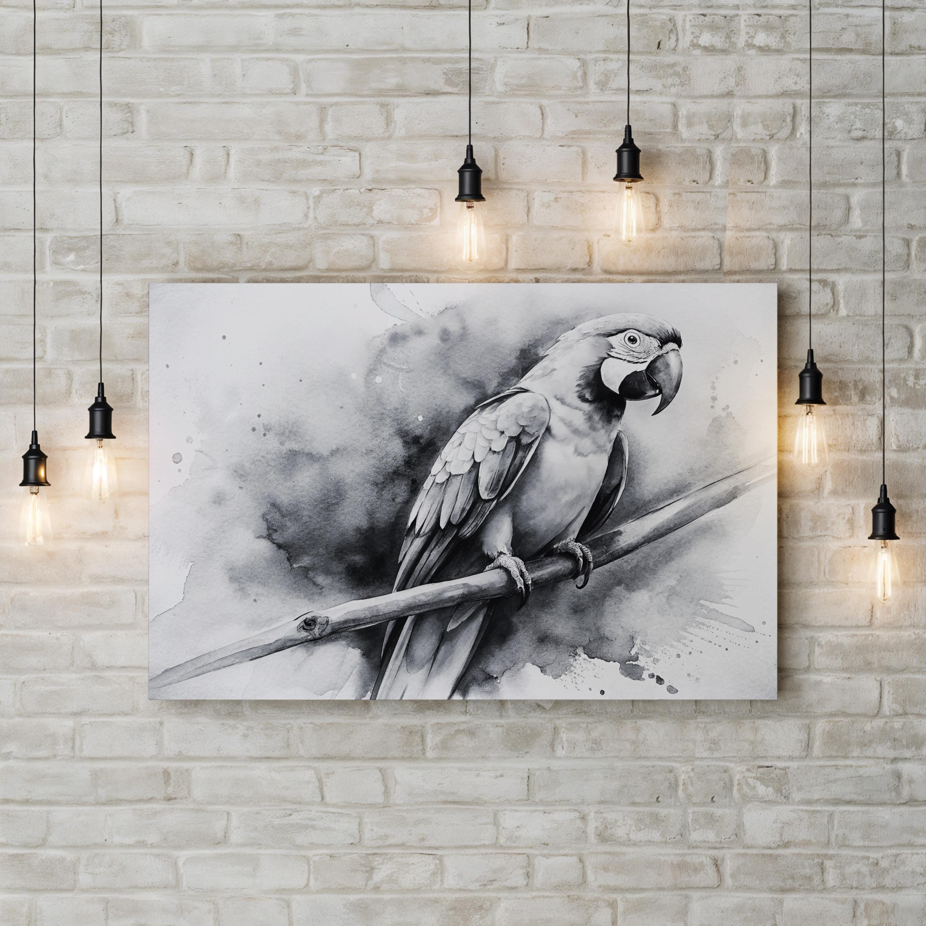 Black & White Macaw Parrot – Period Illustration Wall Art | Minimalist Watercolor Canvas Print