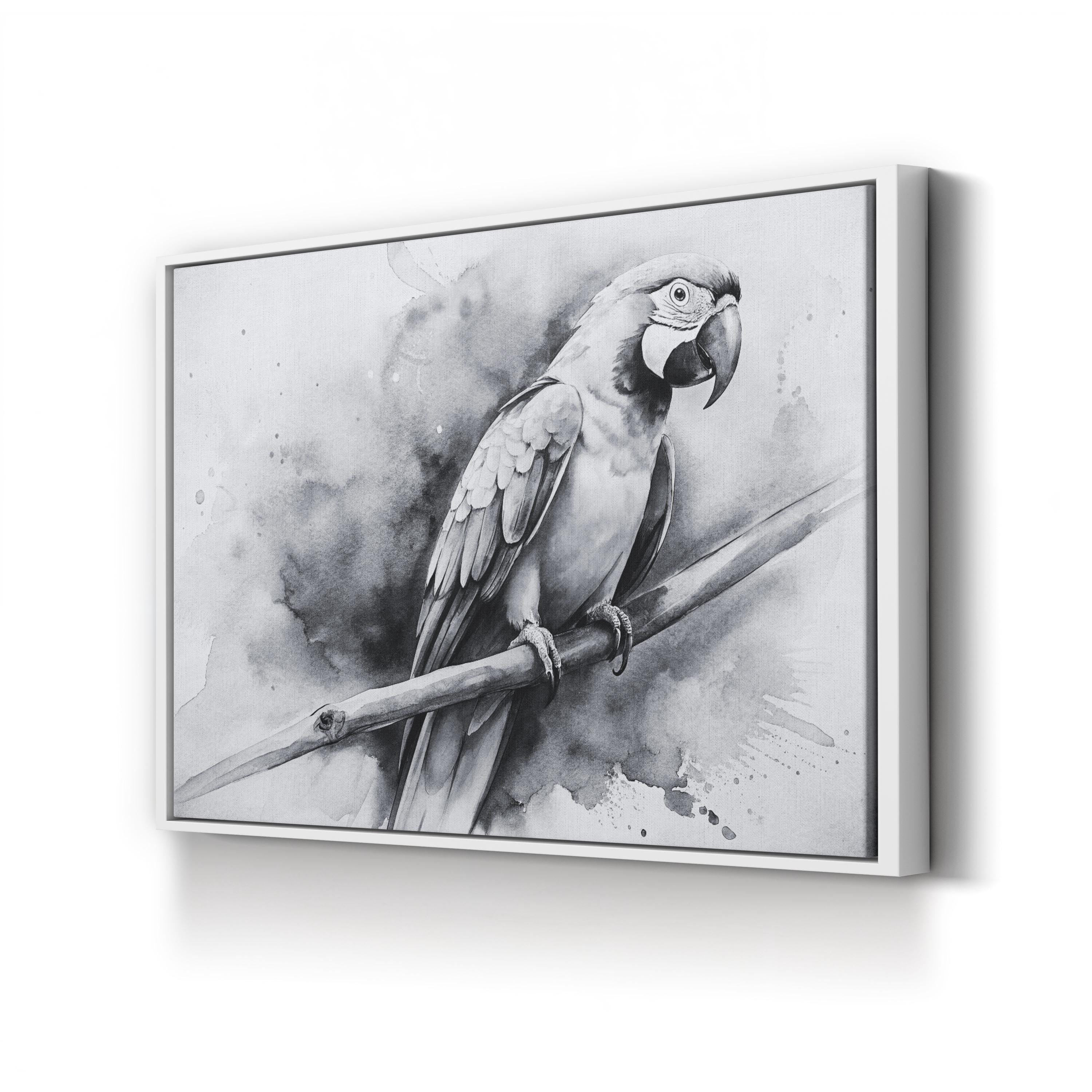 Black & White Macaw Parrot – Period Illustration Wall Art | Minimalist Watercolor Canvas Print