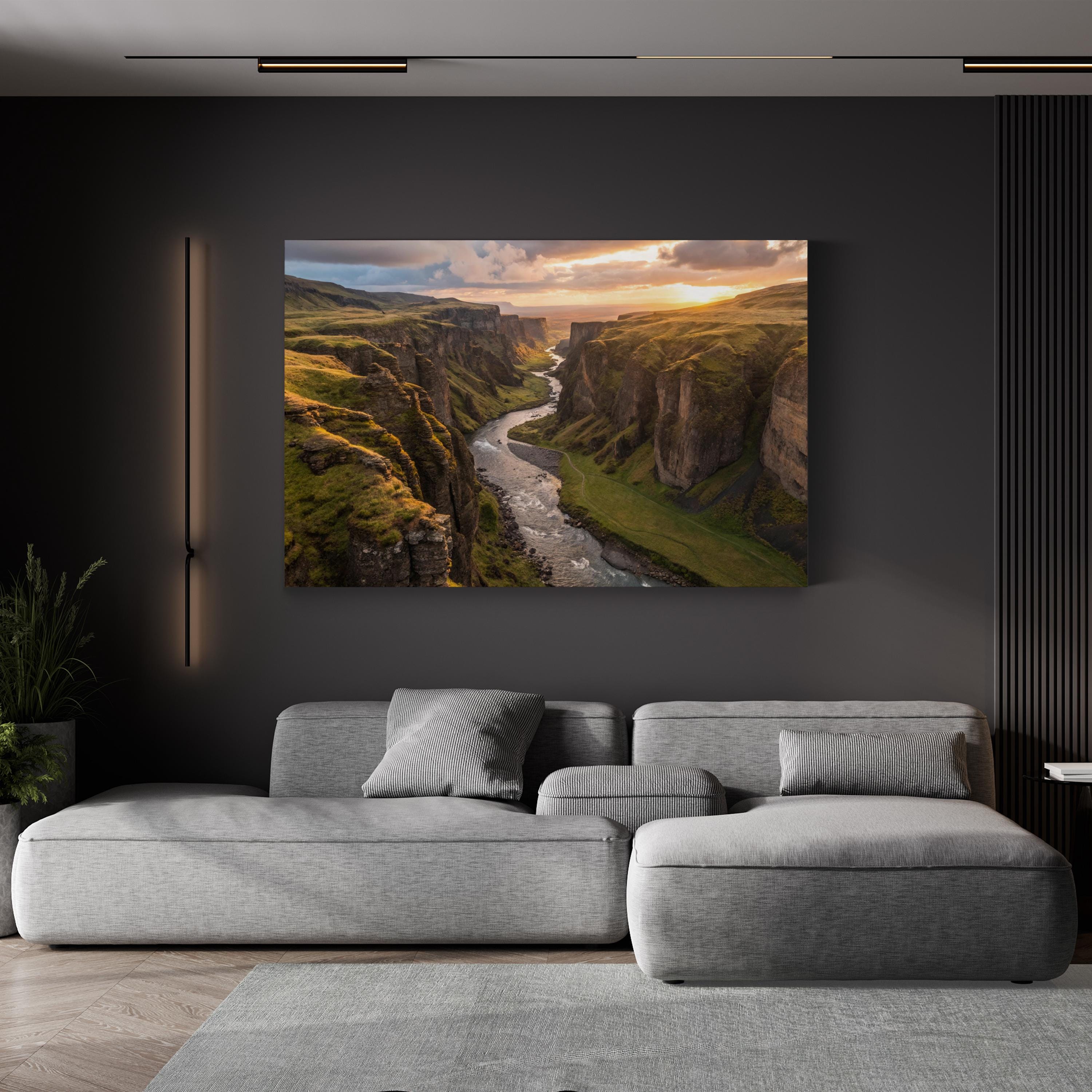 Iceland Canyon Canvas Wall Art – Scenic River Landscape