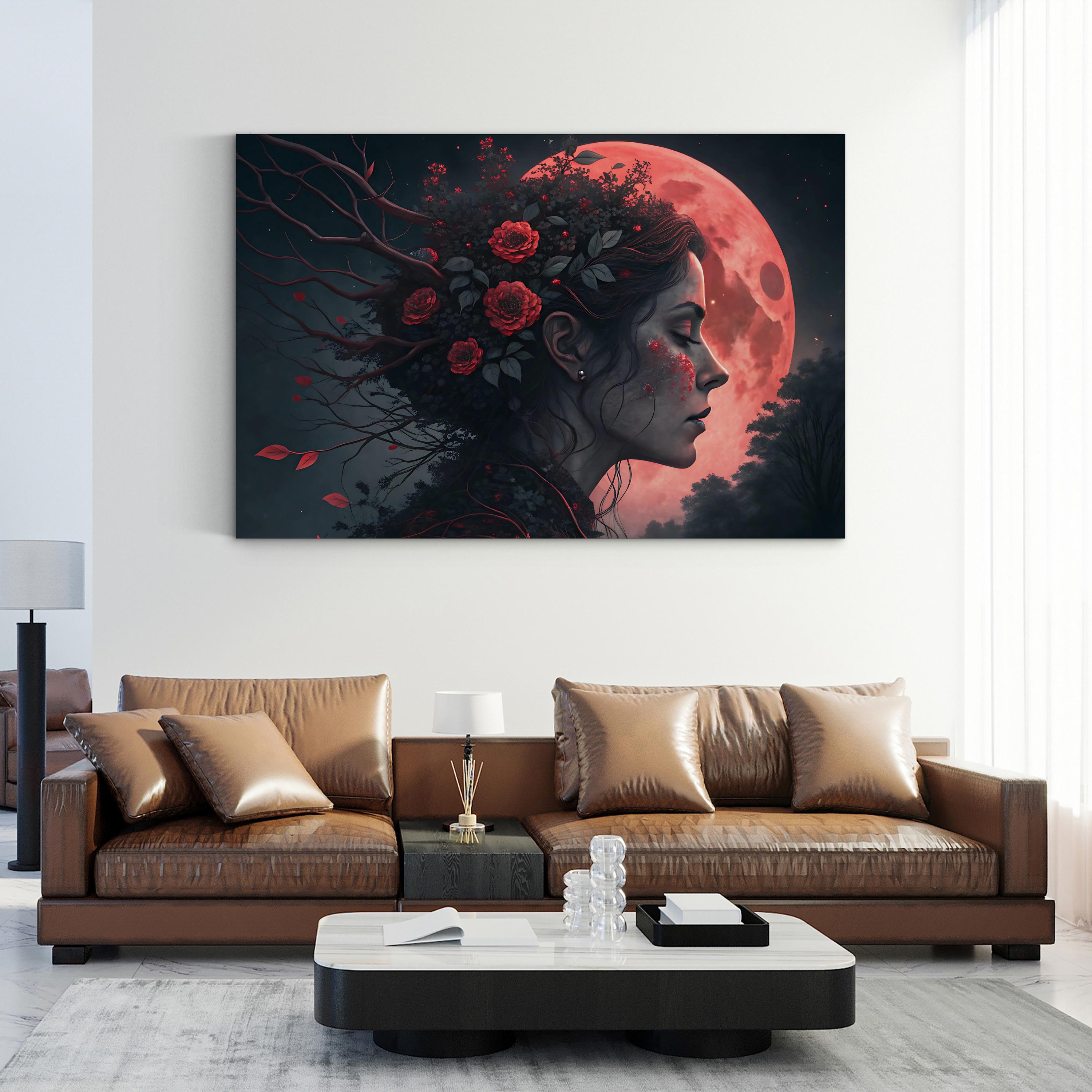 Surreal Woman Red Moon – Period Illustration Wall Art | Fantasy Portrait Canvas Print