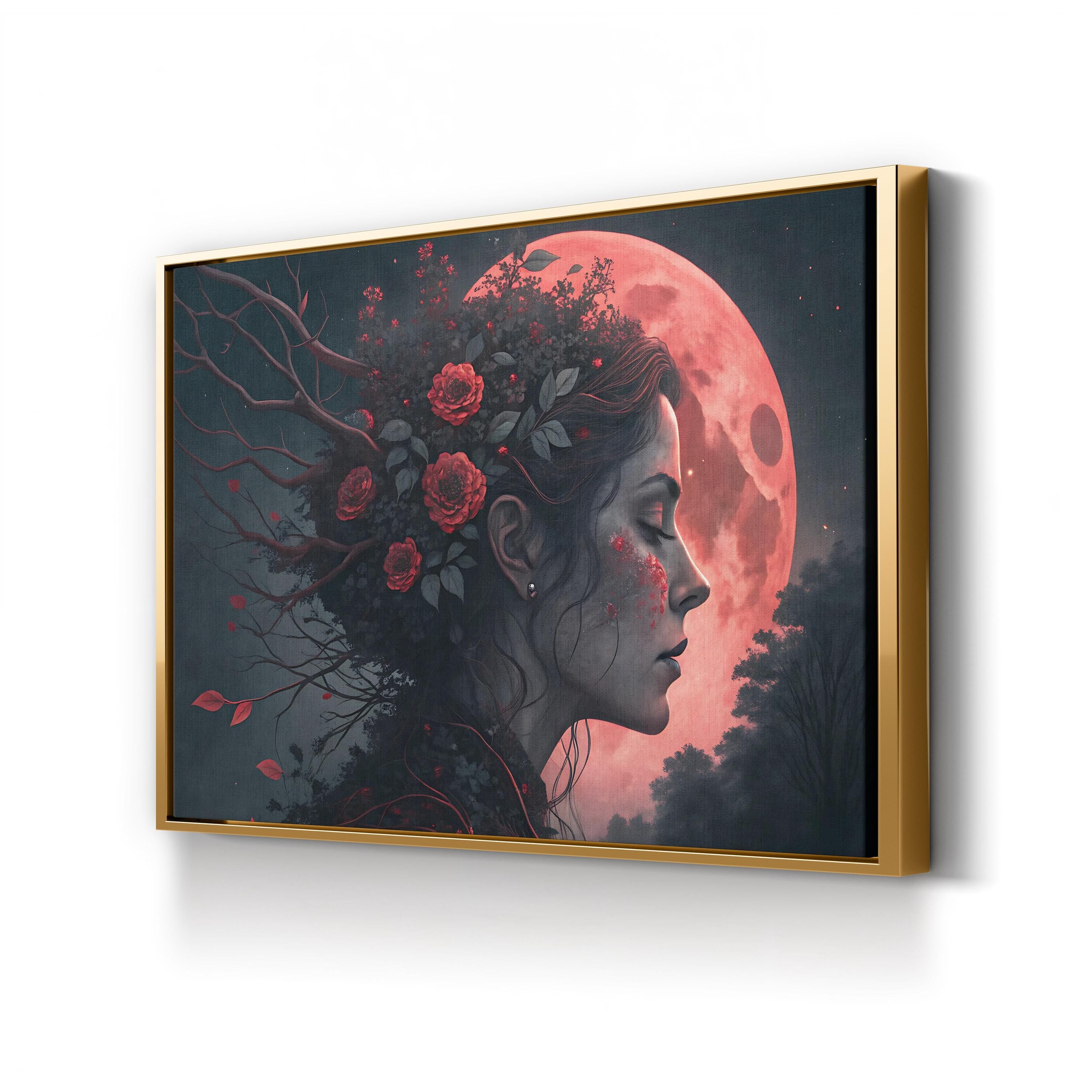 Surreal Woman Red Moon – Period Illustration Wall Art | Fantasy Portrait Canvas Print