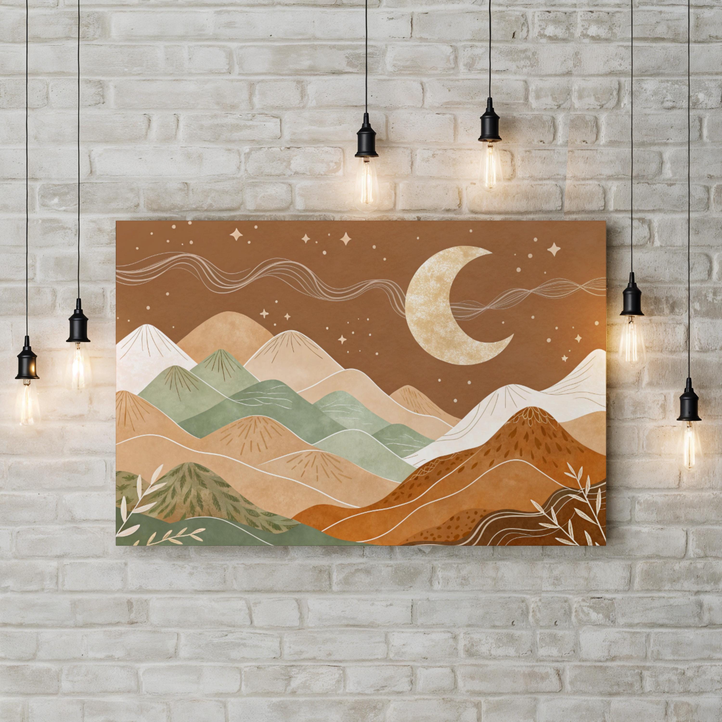 Boho Mountain Moonlit Dreamscape – Period Illustration Wall Art | Bohemian Landscape Canvas Print