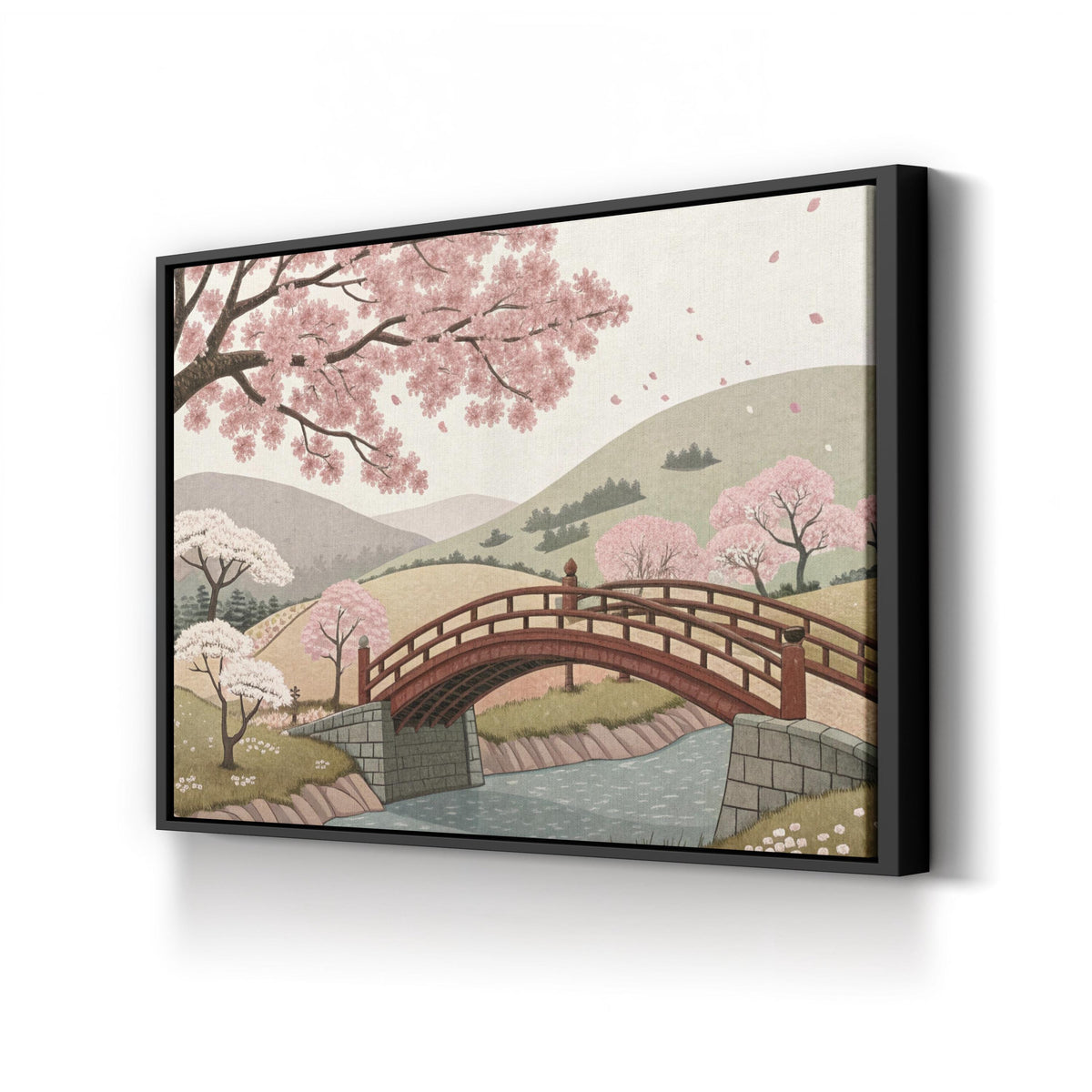 Cherry Blossom Bridge Landscape canvas print in Black frame