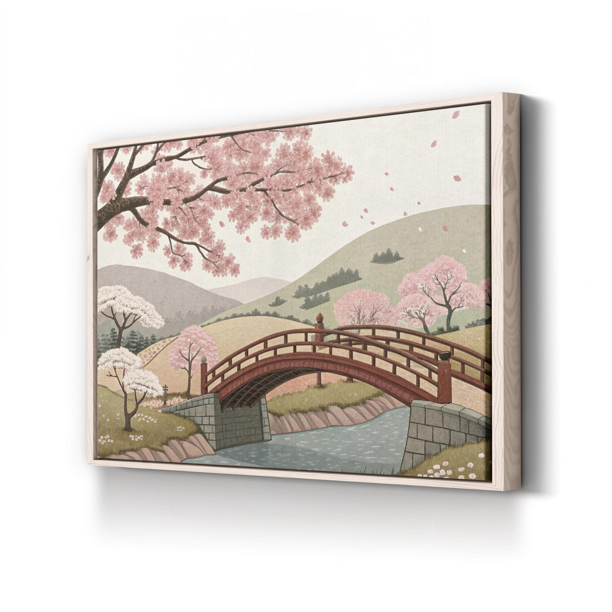 Cherry Blossom Bridge Landscape canvas print in Natural frame close-up