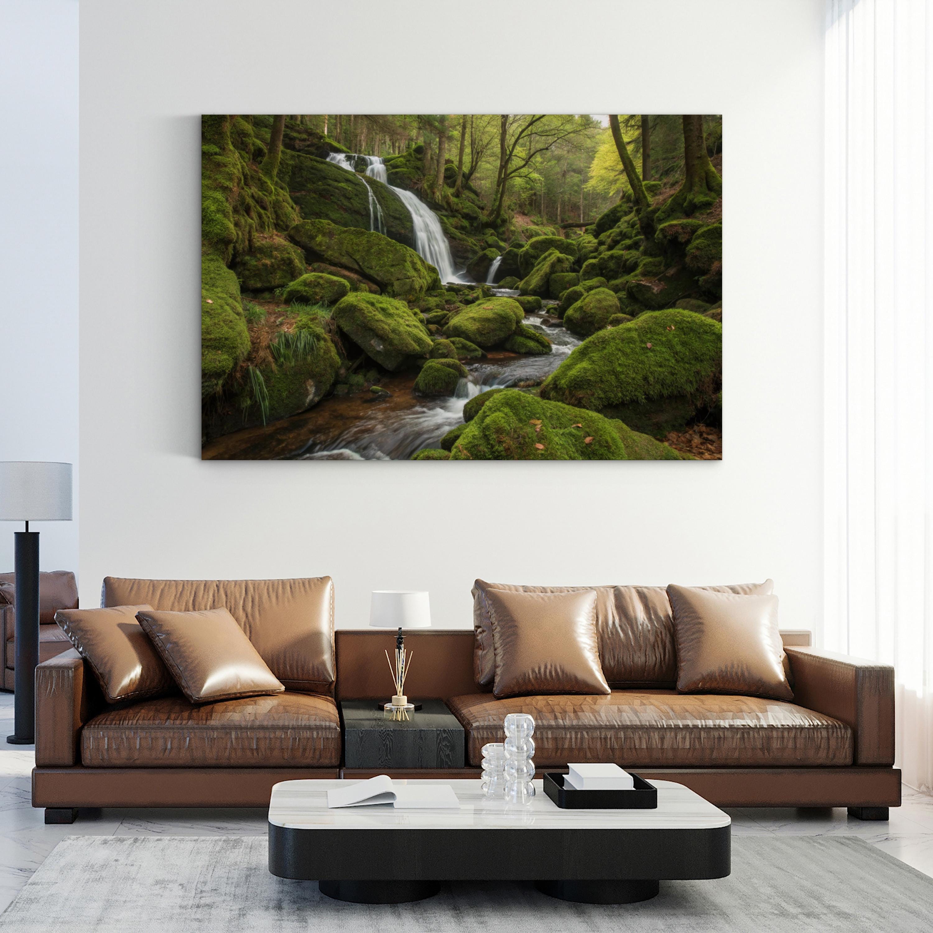 Mossy Waterfall Forest – Vintage Photography Wall Art | Lush Green Landscape Canvas Print