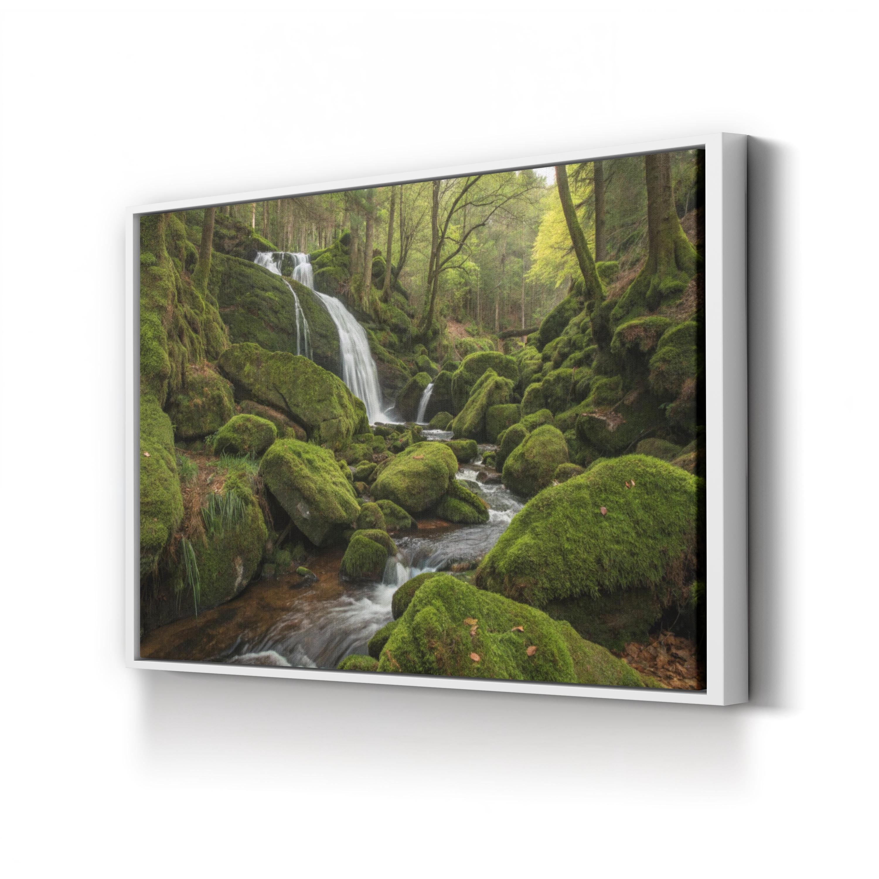 Mossy Waterfall Forest – Vintage Photography Wall Art | Lush Green Landscape Canvas Print