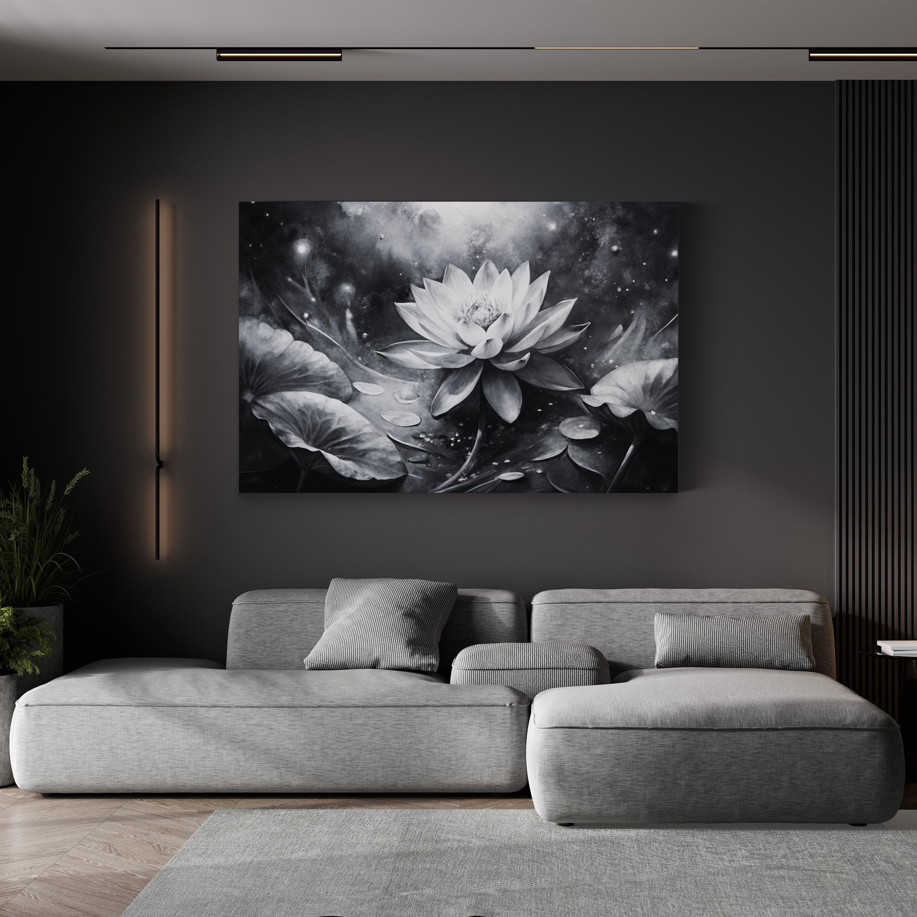 Zen Botanical Black and White Lotus Flower Wall Art