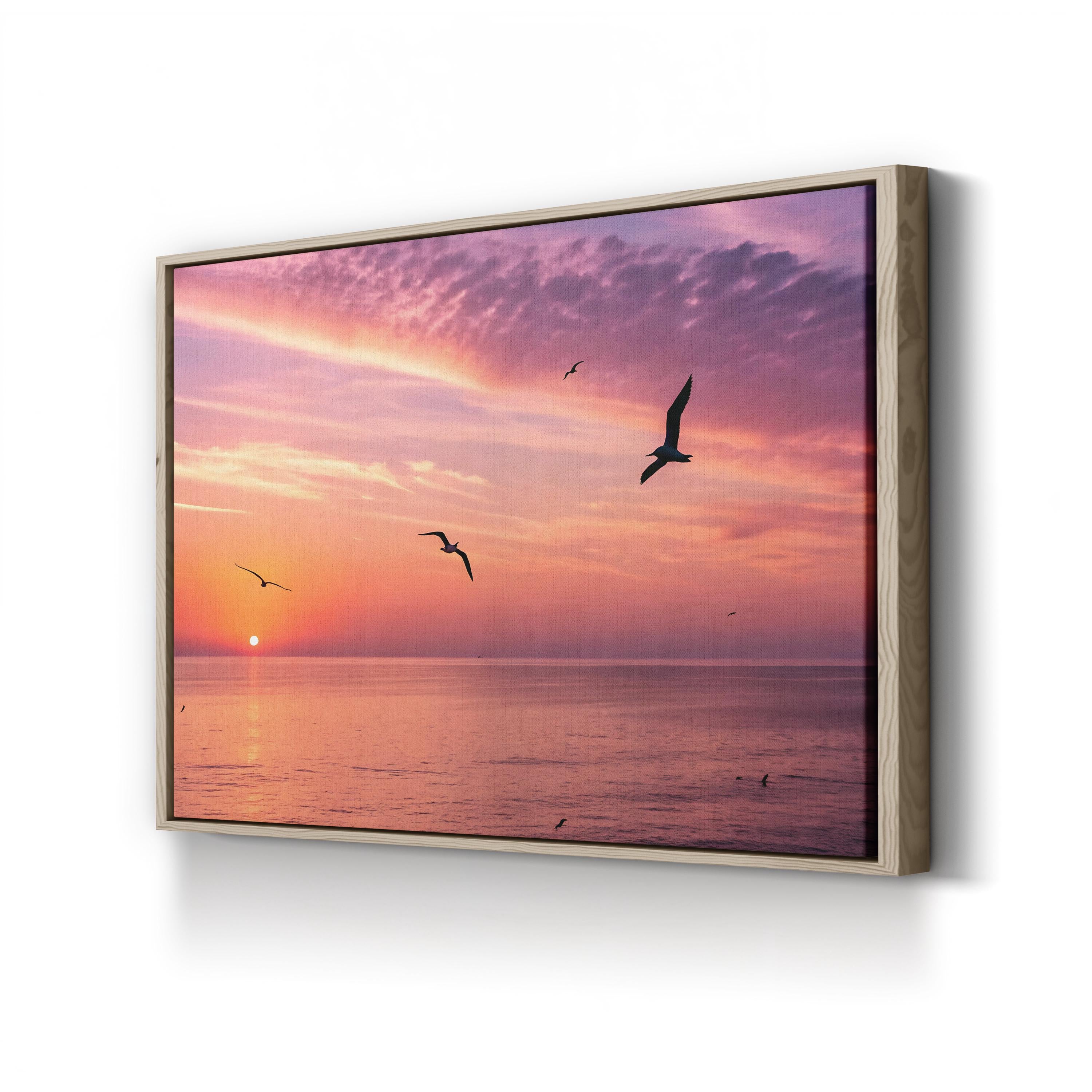 Pelicans in a Line Coastal Canvas Wall Art | Ocean Sunset Photography Print