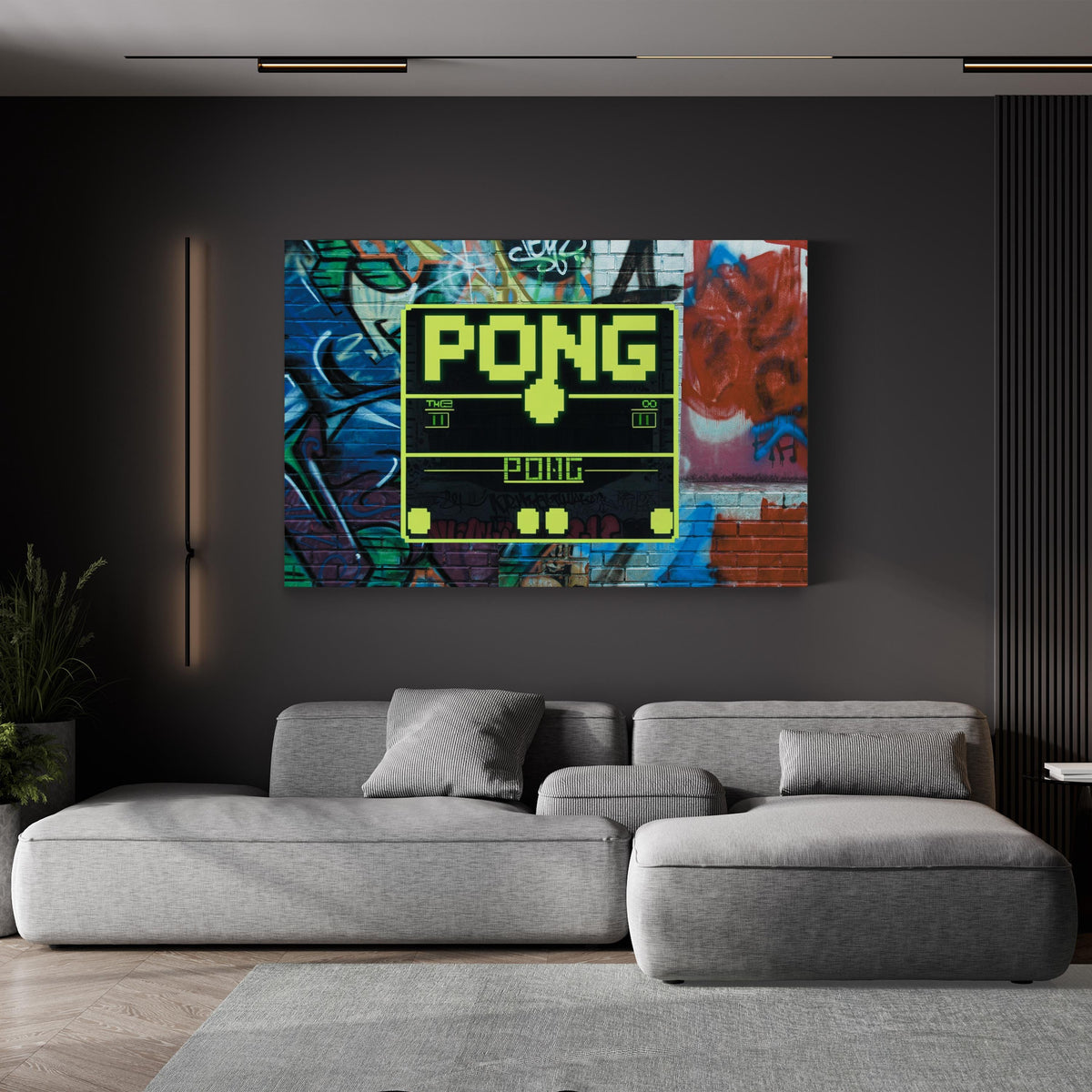 Retro Arcade Pixel Art canvas print in gallery wrap frame, displayed above a gray sofa