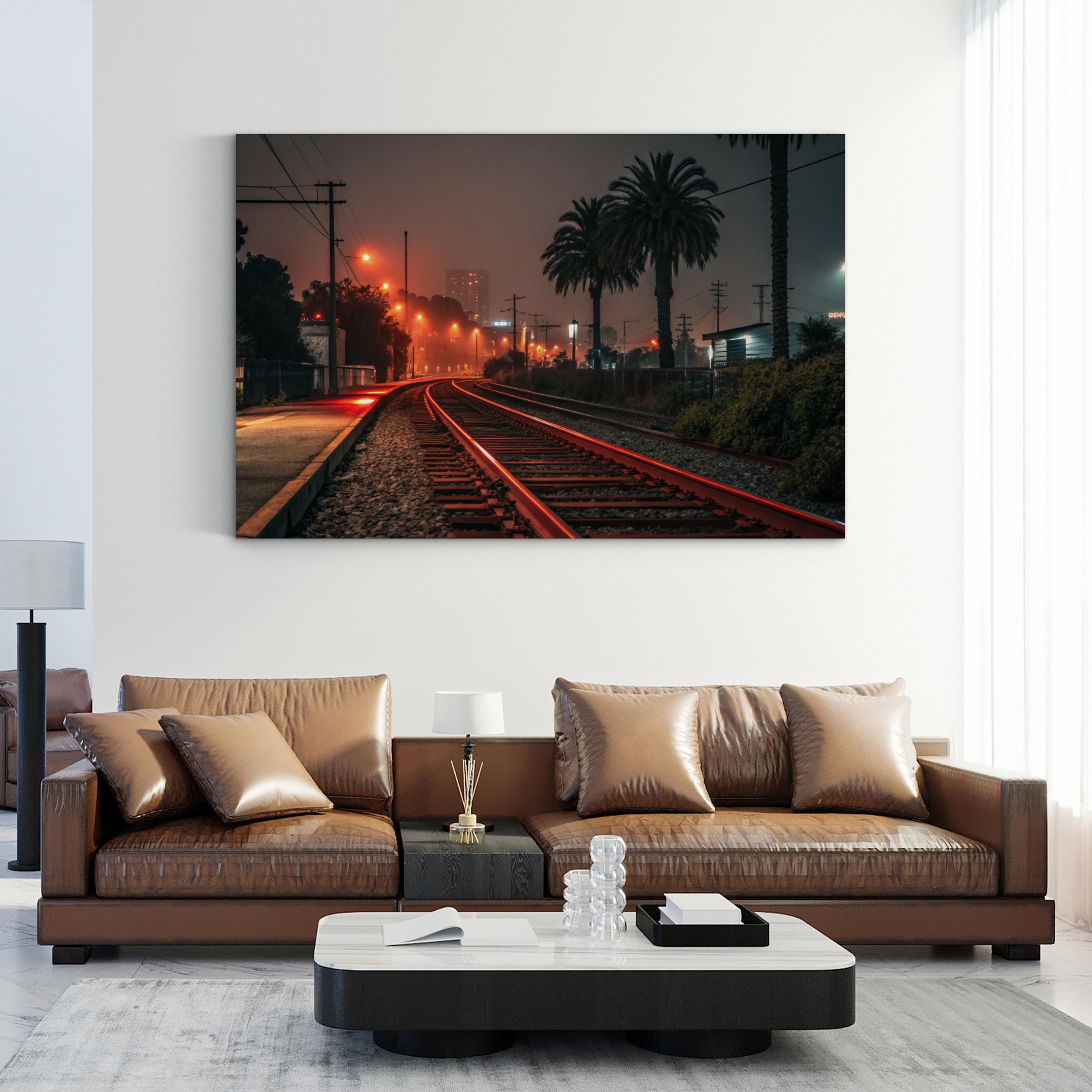 Red Railway Night City – Vintage Photography Wall Art | Urban Cityscape Canvas Print