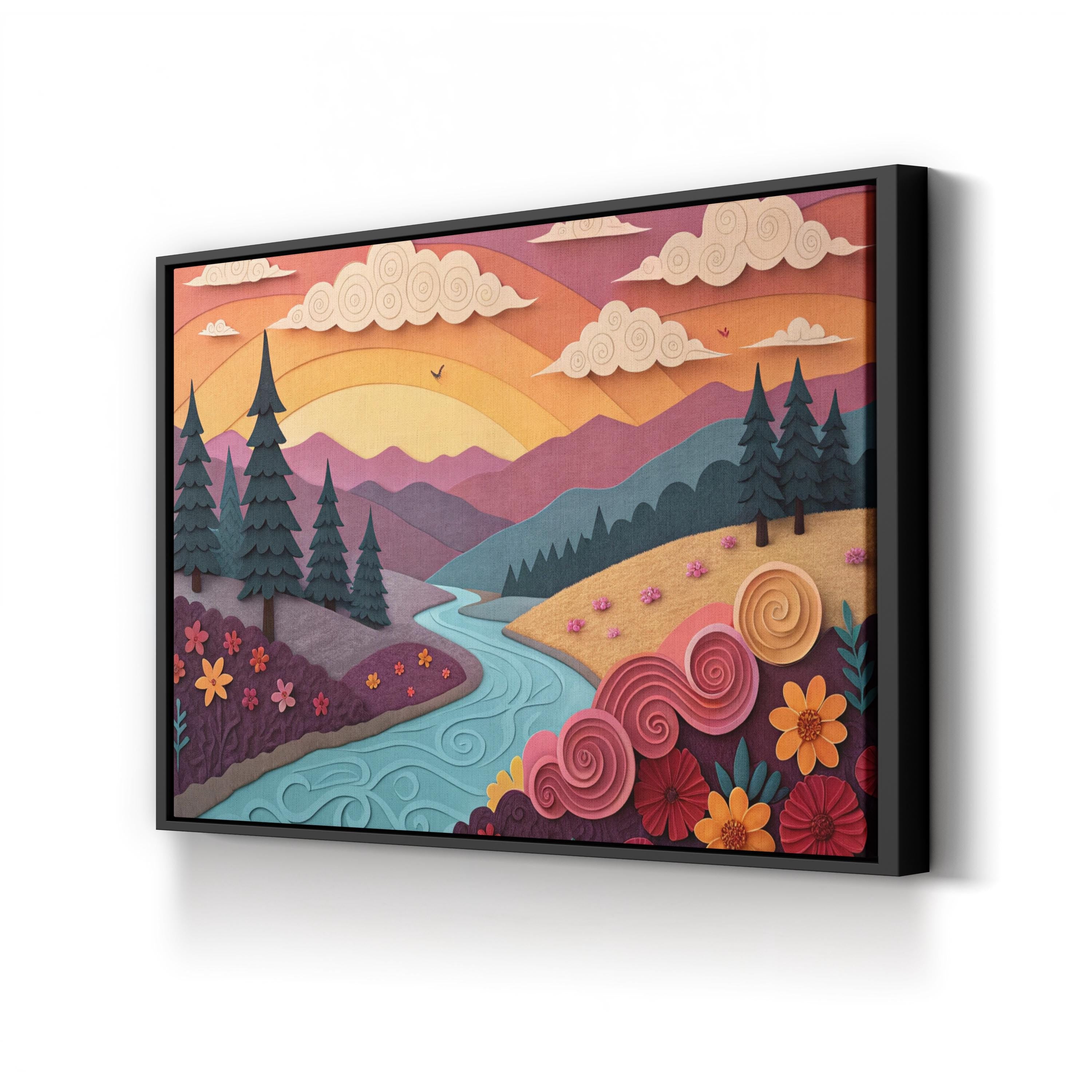 River Sunset Landscape – Period Illustration Wall Art | Vibrant Nature Canvas Print