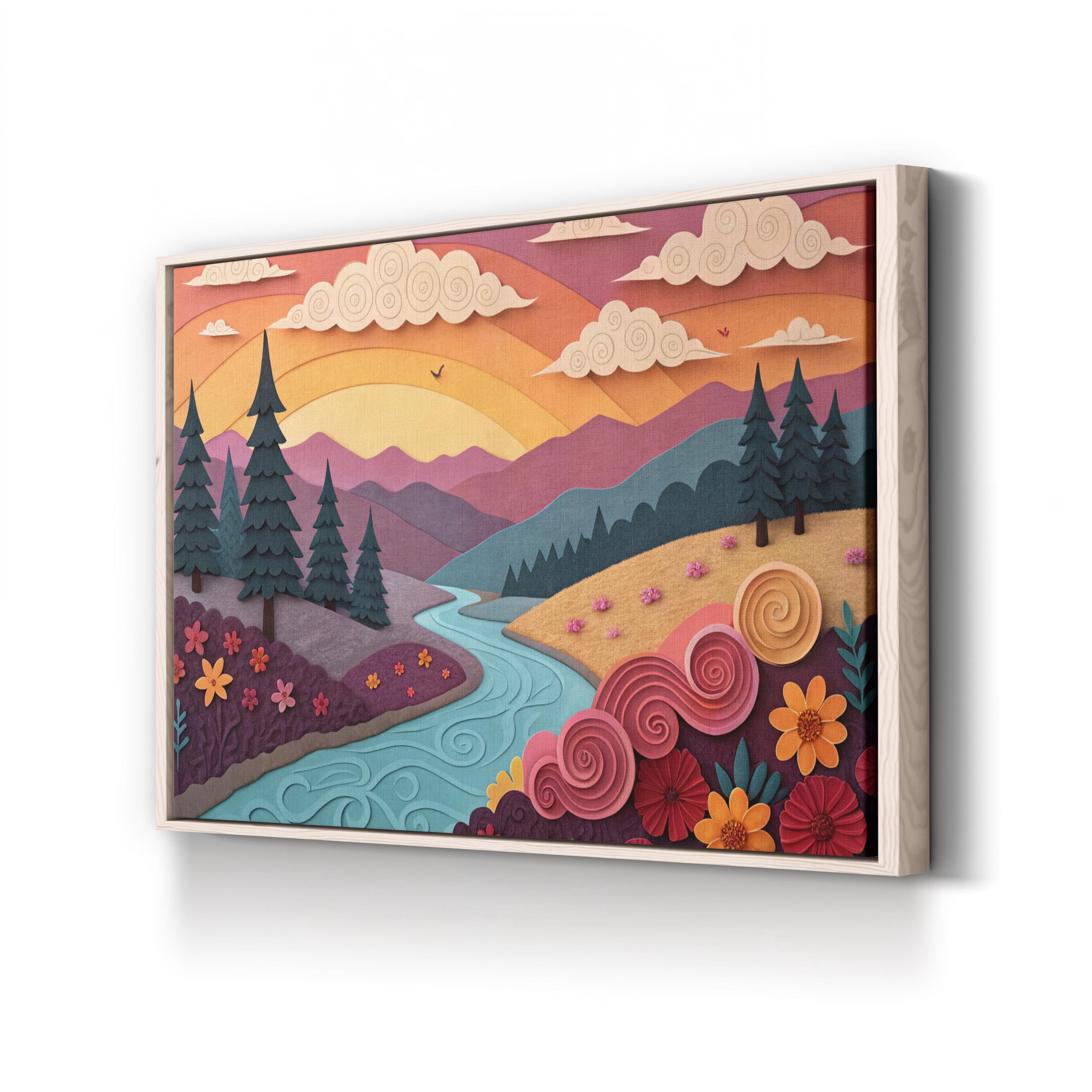 River Sunset Landscape – Period Illustration Wall Art | Vibrant Nature Canvas Print