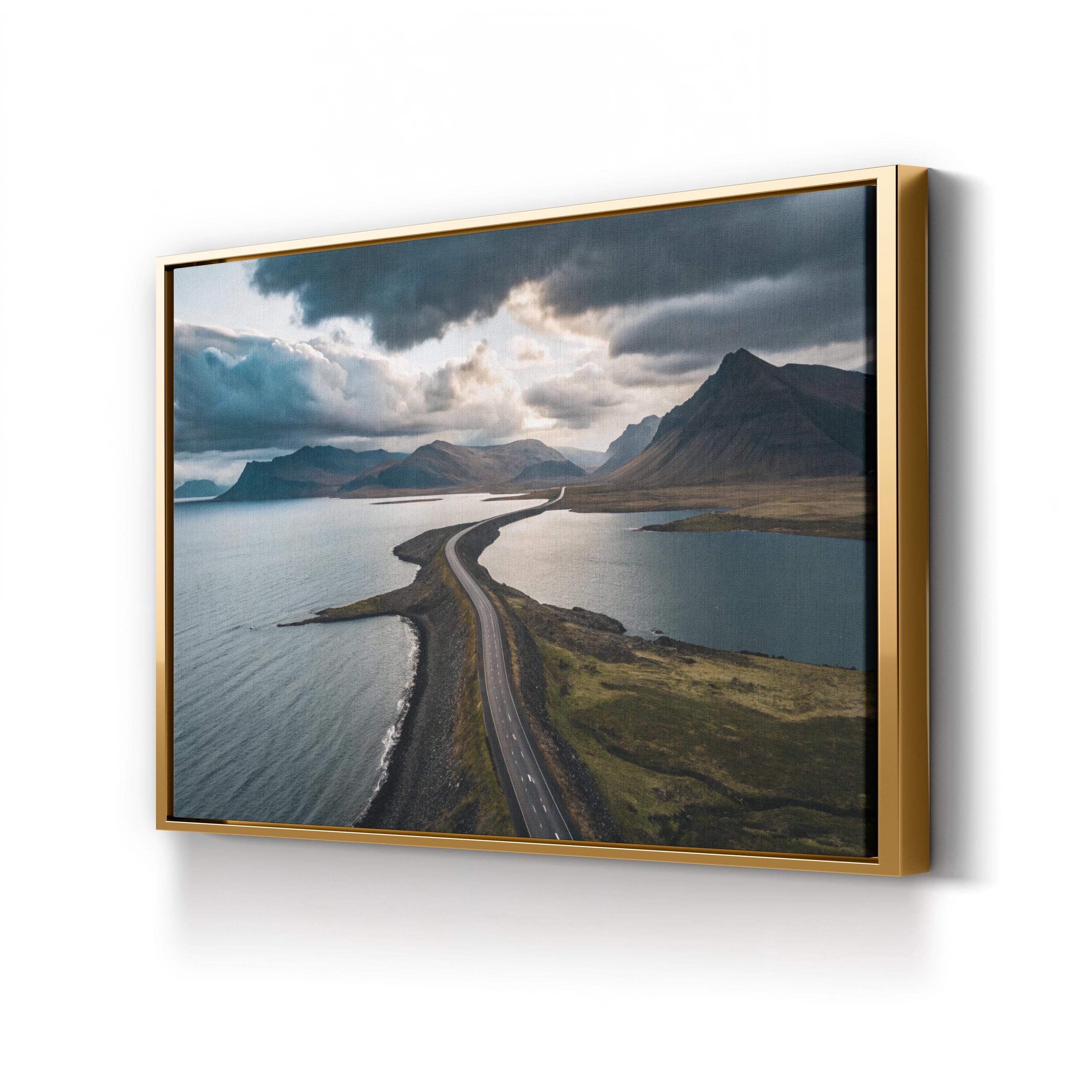 Mountain Lake Scenic Road Canvas Wall Art — Modern Landscape Print, Nature Photography