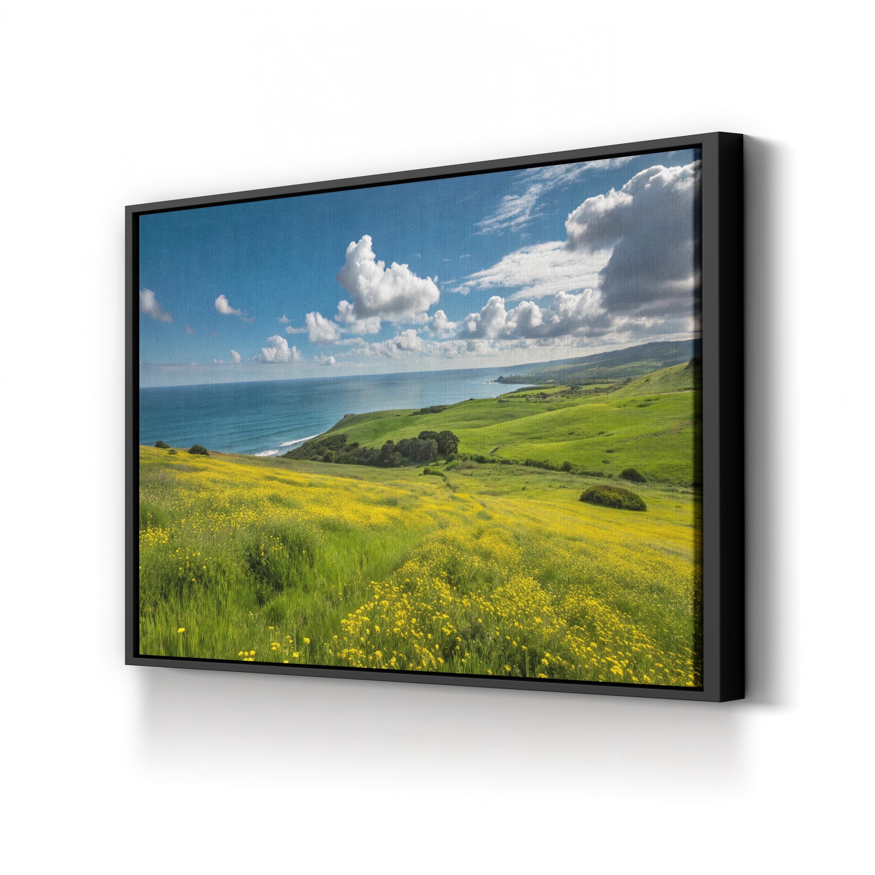 Coastal Landscape Canvas Print — Green Hills and Yellow Wildflowers