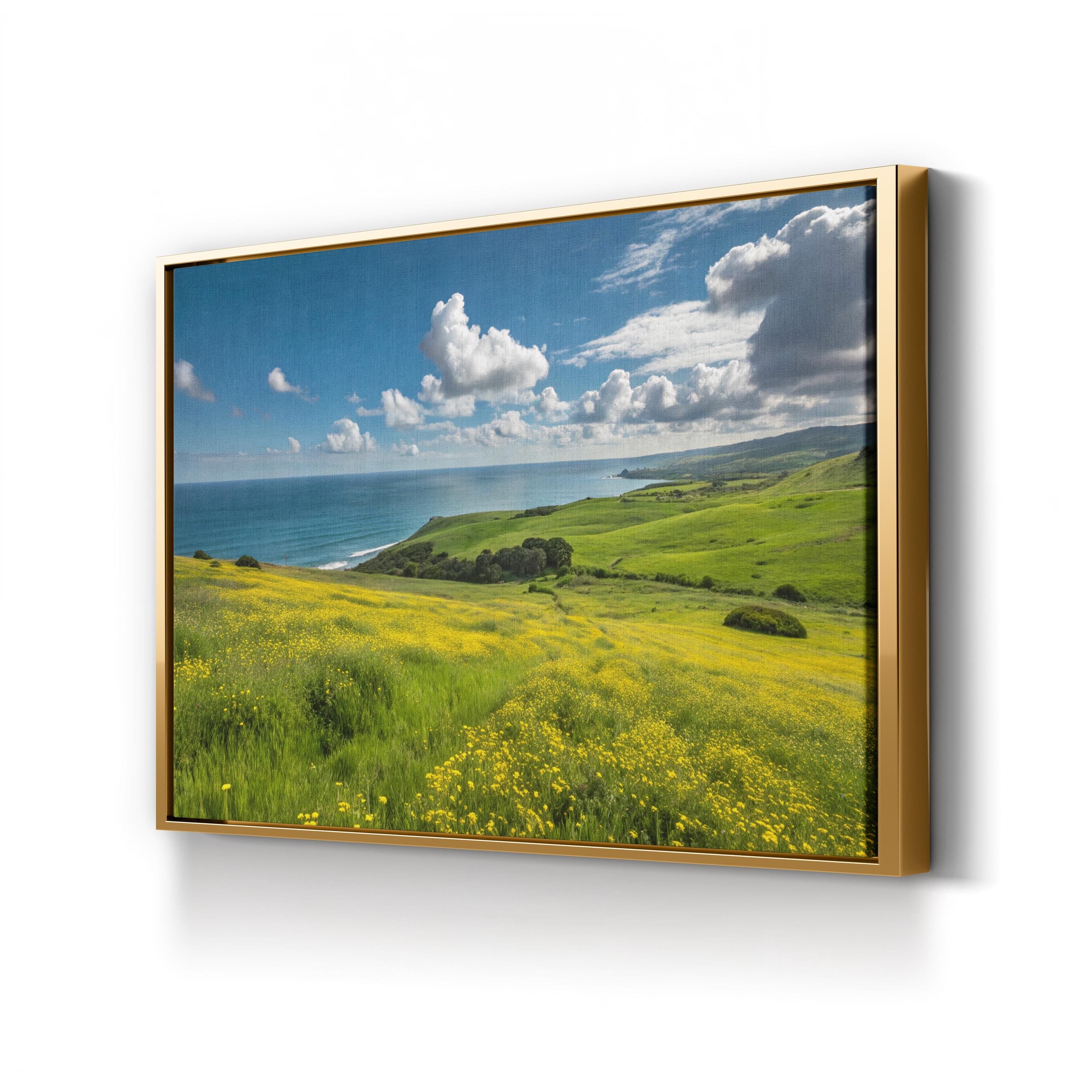 Coastal Landscape Canvas Print — Green Hills and Yellow Wildflowers