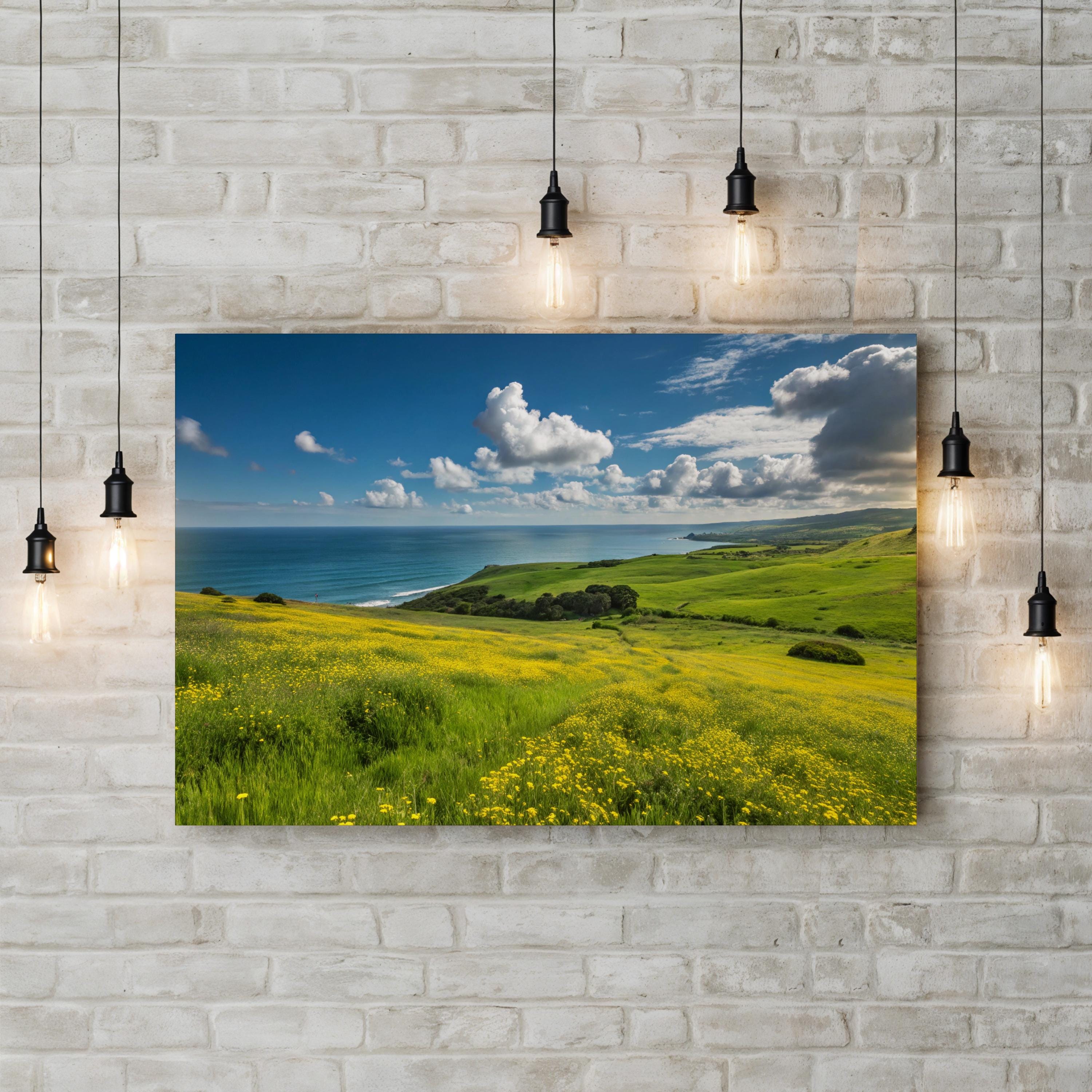 Coastal Landscape Canvas Print — Green Hills and Yellow Wildflowers