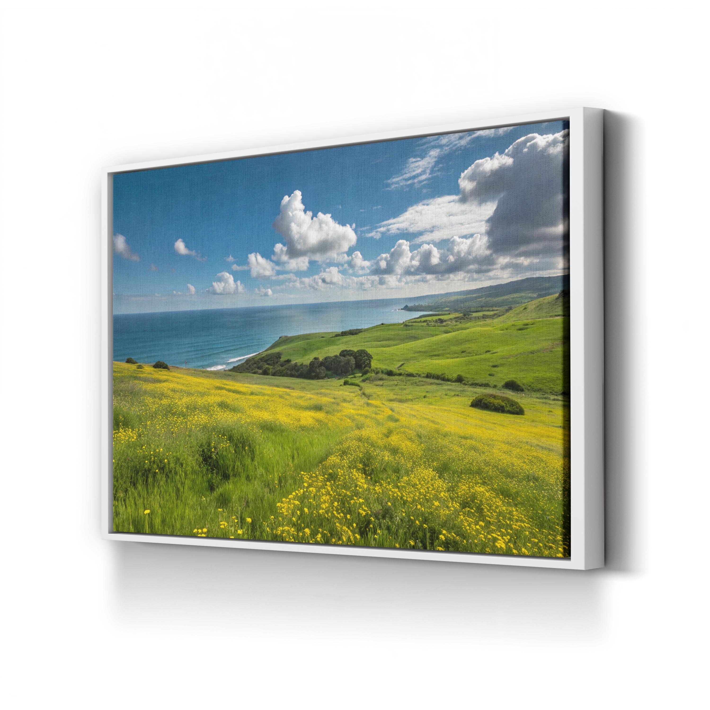 Coastal Landscape Canvas Print — Green Hills and Yellow Wildflowers