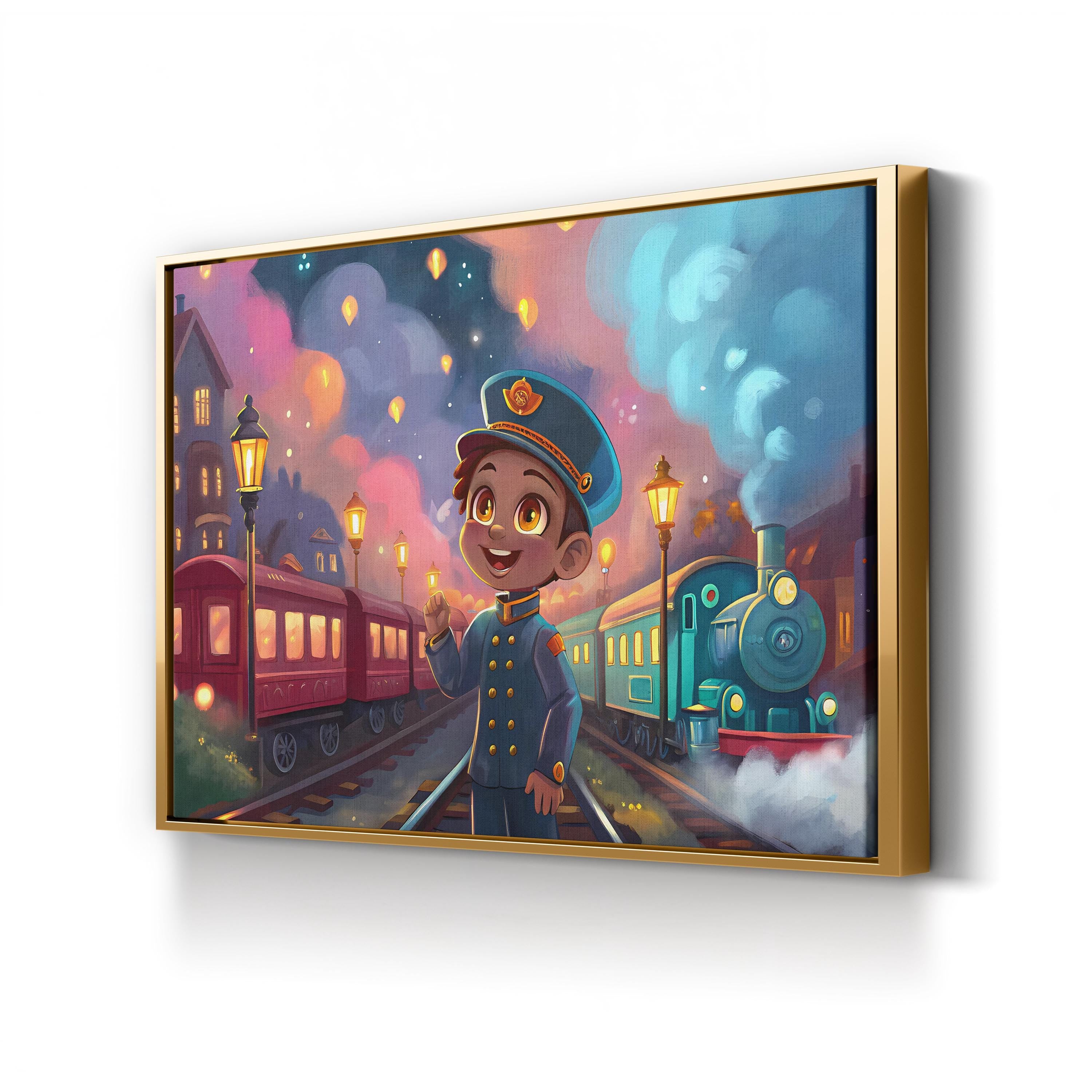 Retro Futuristic Train – Period Illustration Wall Art | Starry Night Railway Canvas Print
