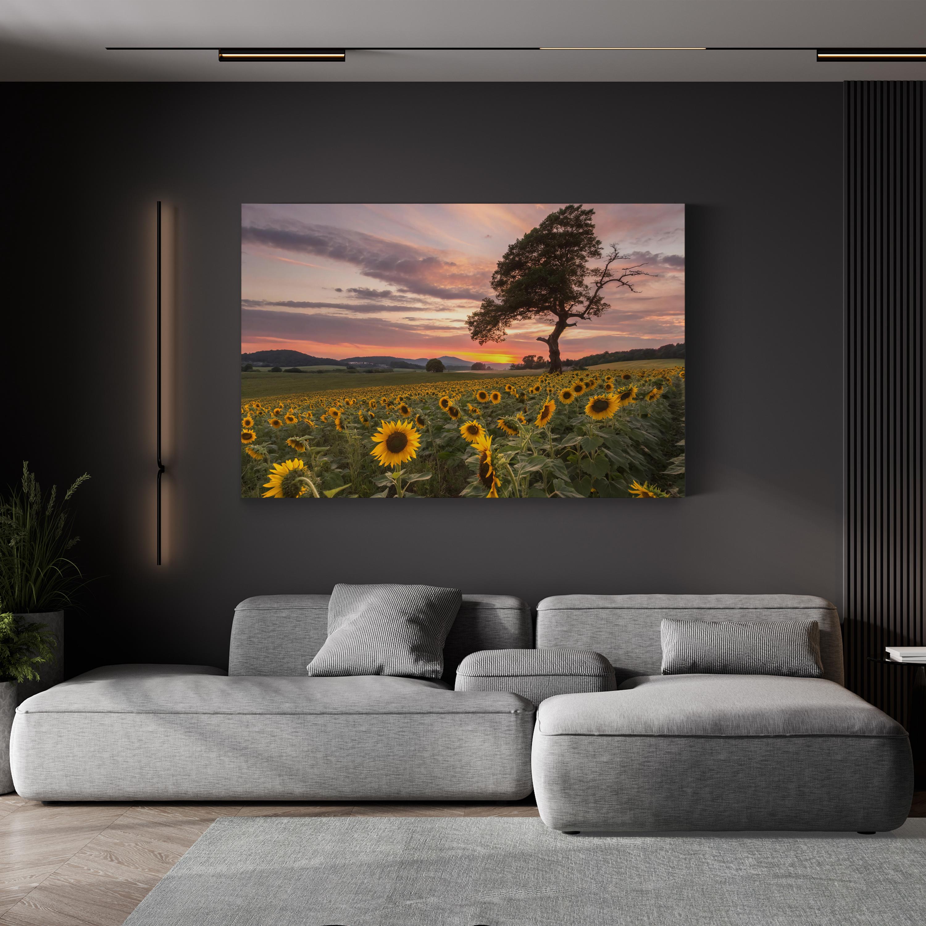 Sunflower Field at Sunset – Vintage Photography Wall Art | California Landscape Canvas Print