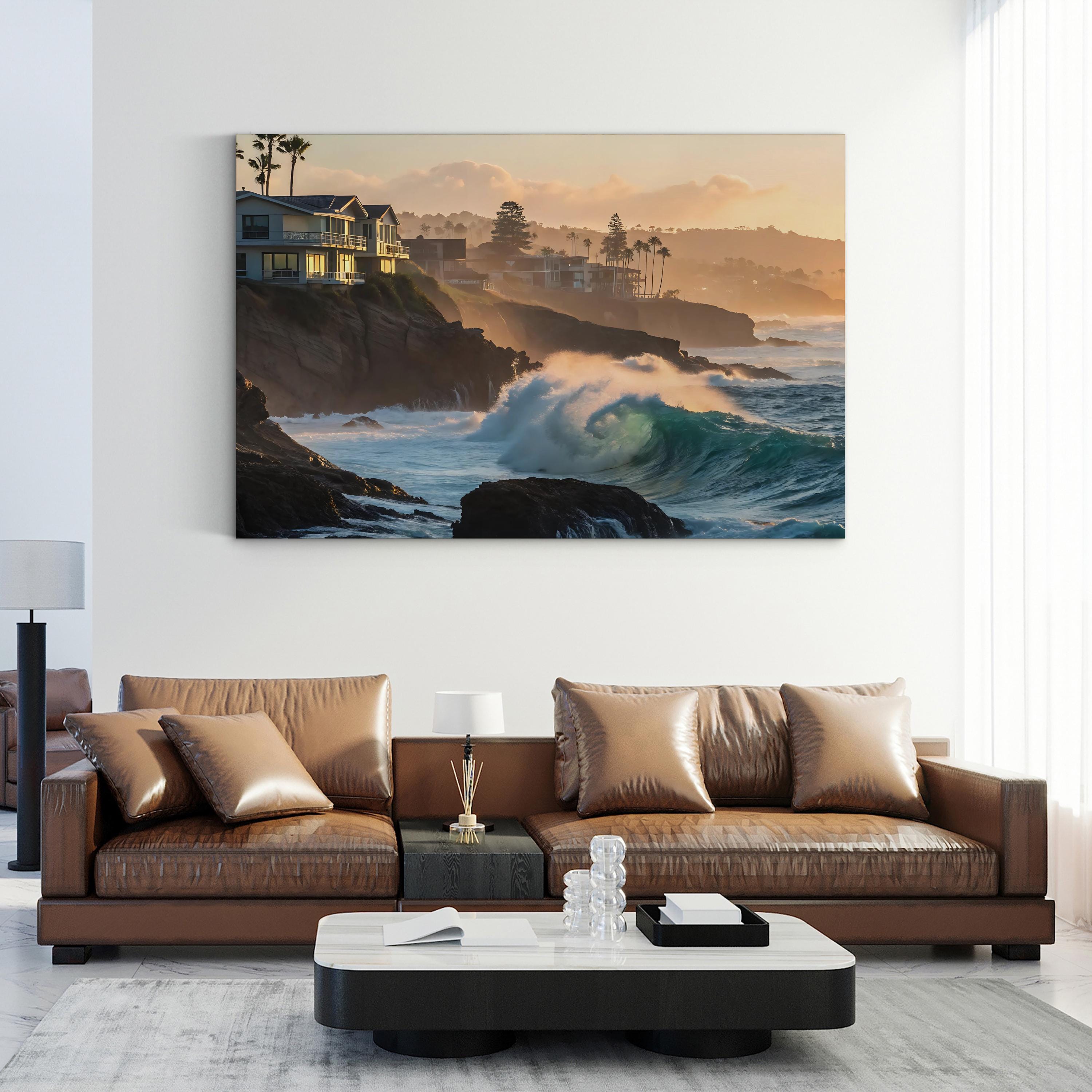 Ocean Waves Breaking Along Rugged Shoreline Canvas Art