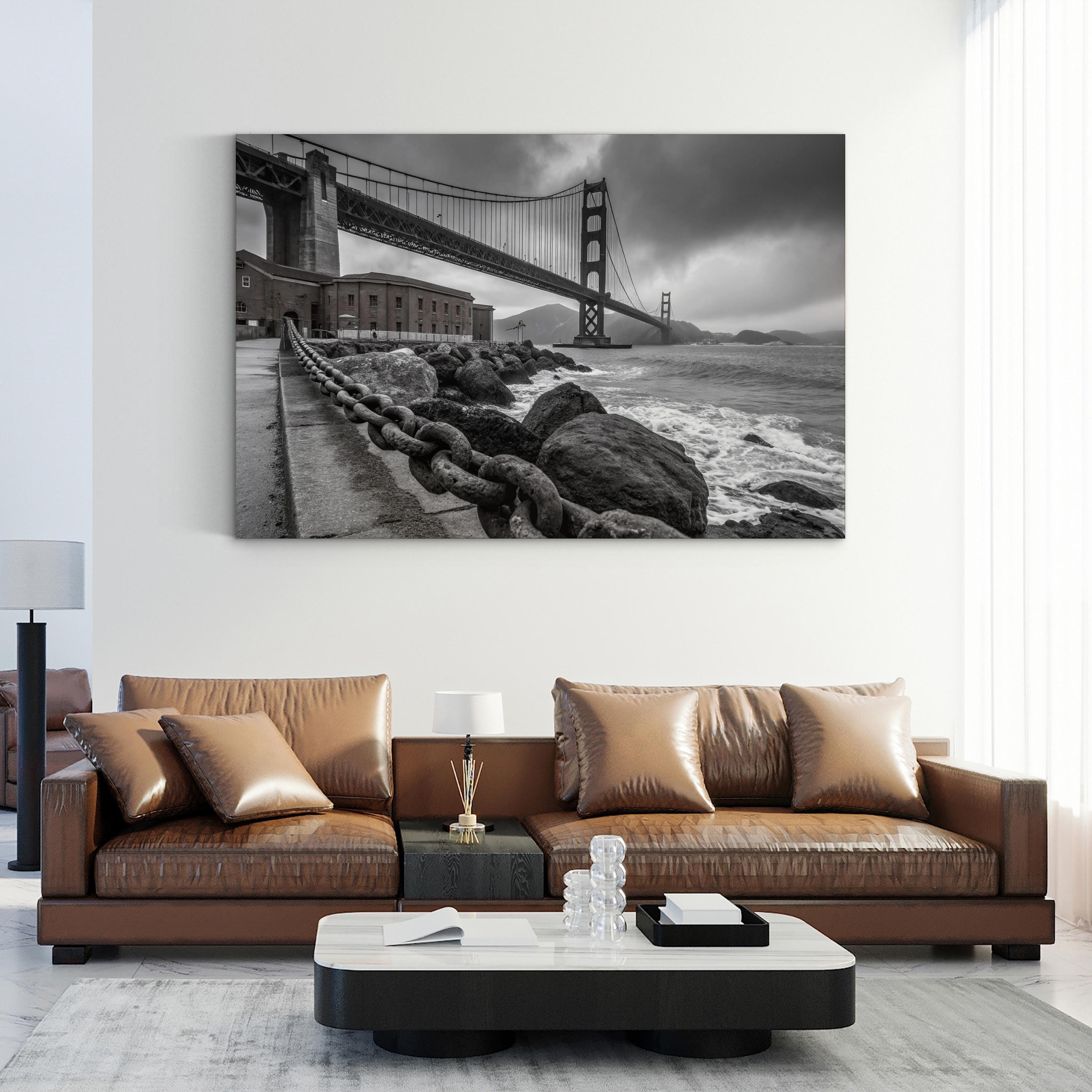 Black & White Suspension Bridge – Vintage Photography Wall Art | Coastal Architectural Canvas Print