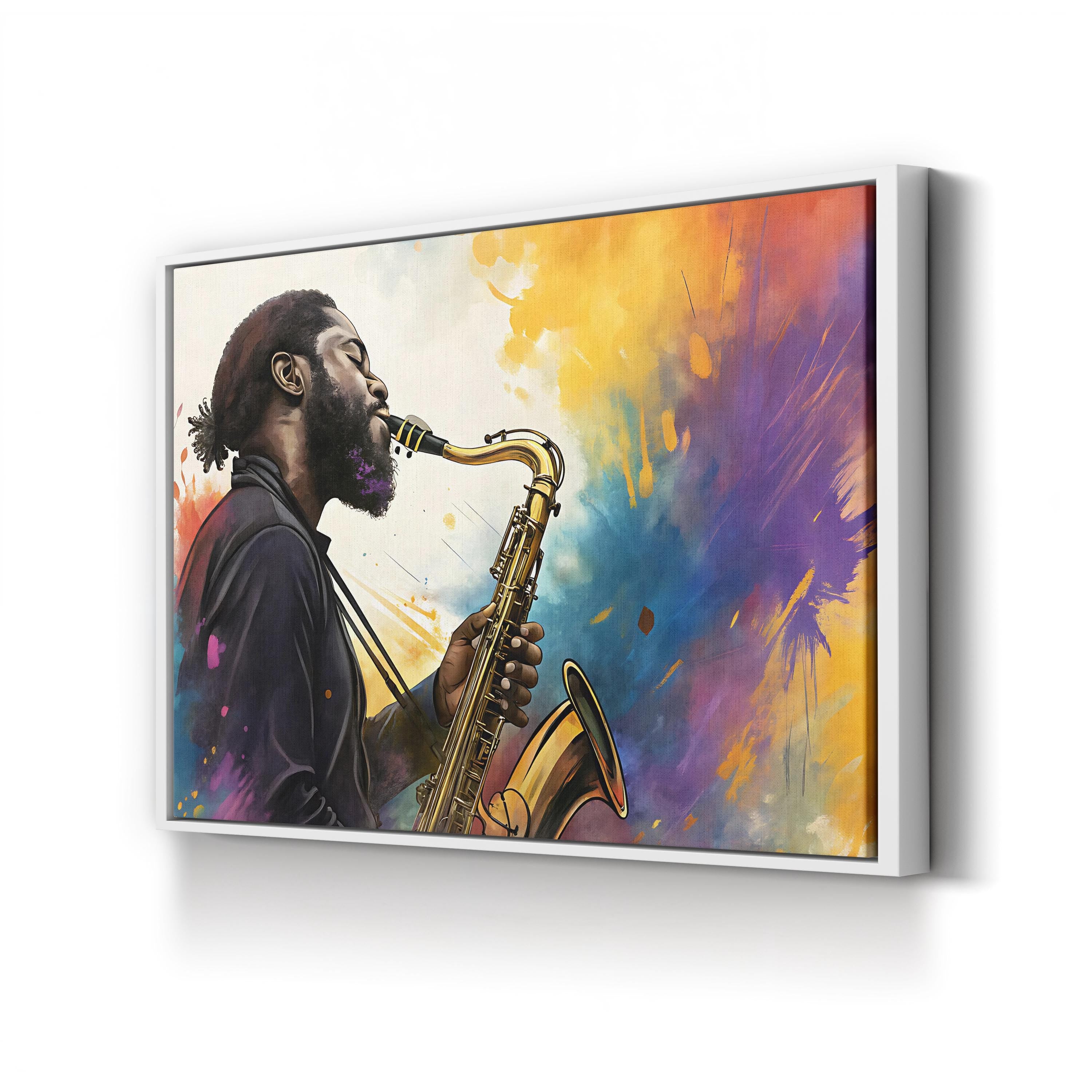 Jazz Saxophonist Color Splash – Period Illustration Wall Art | Abstract Music Canvas Print