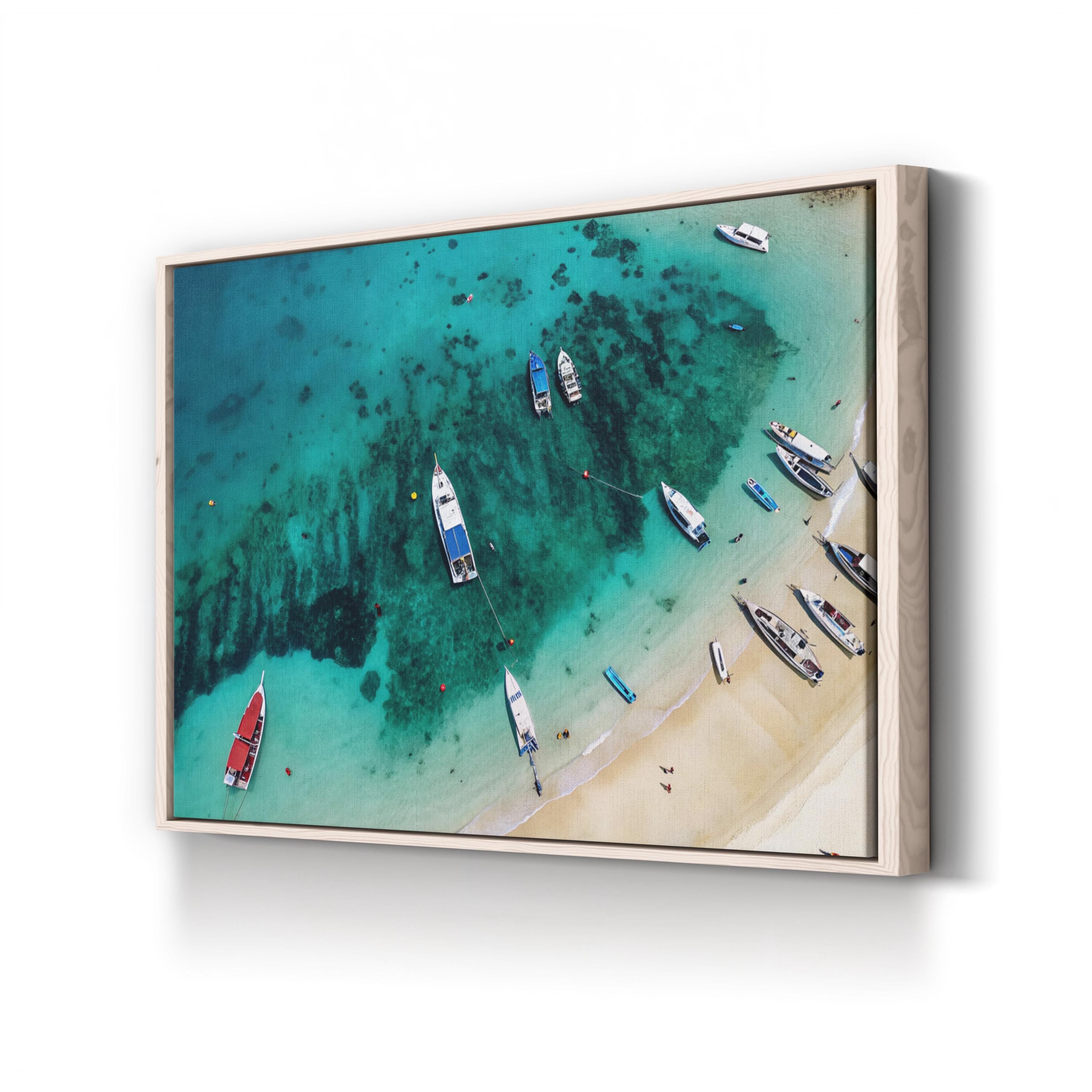 Red Boat Aerial Canvas Wall Art — Turquoise Coastal Ocean Photography Print