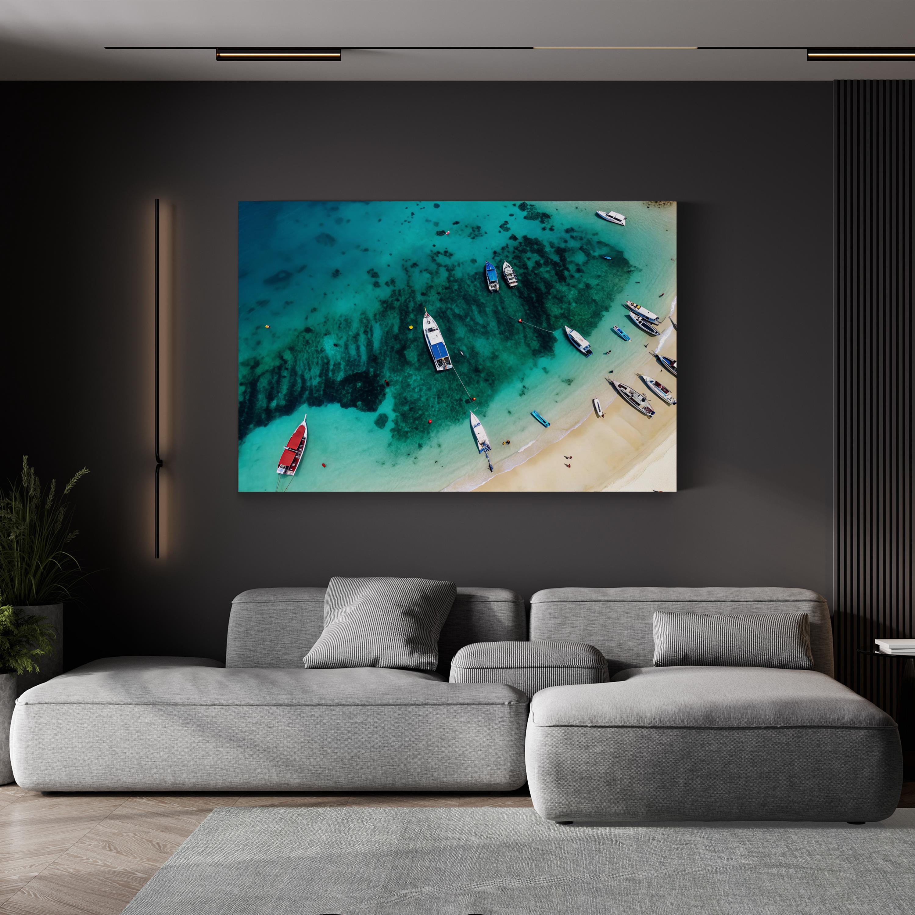 Red Boat Aerial Canvas Wall Art — Turquoise Coastal Ocean Photography Print