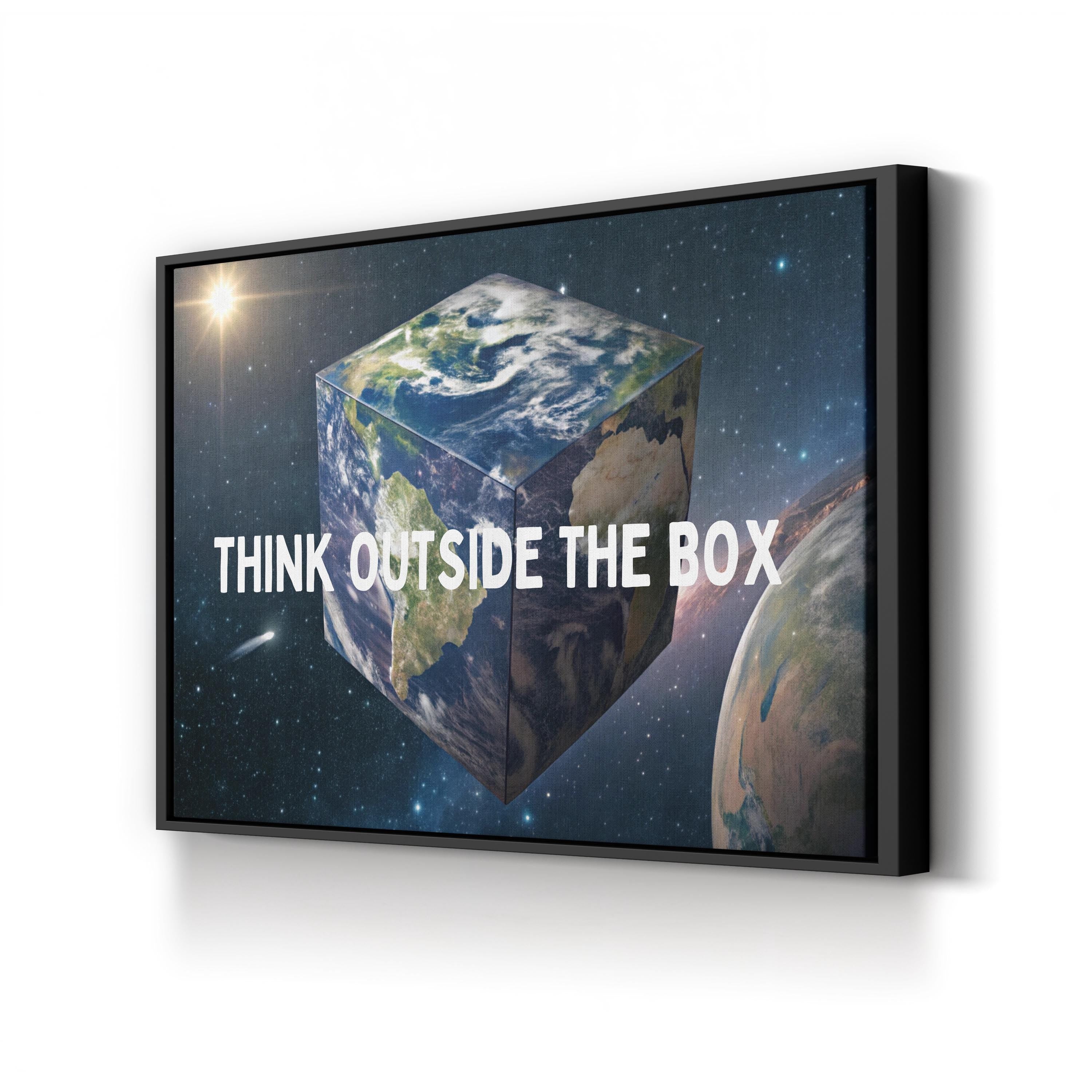 Motivational Earth Cube Wall Art | “Think Outside the Box” Galaxy Conceptual Canvas Print