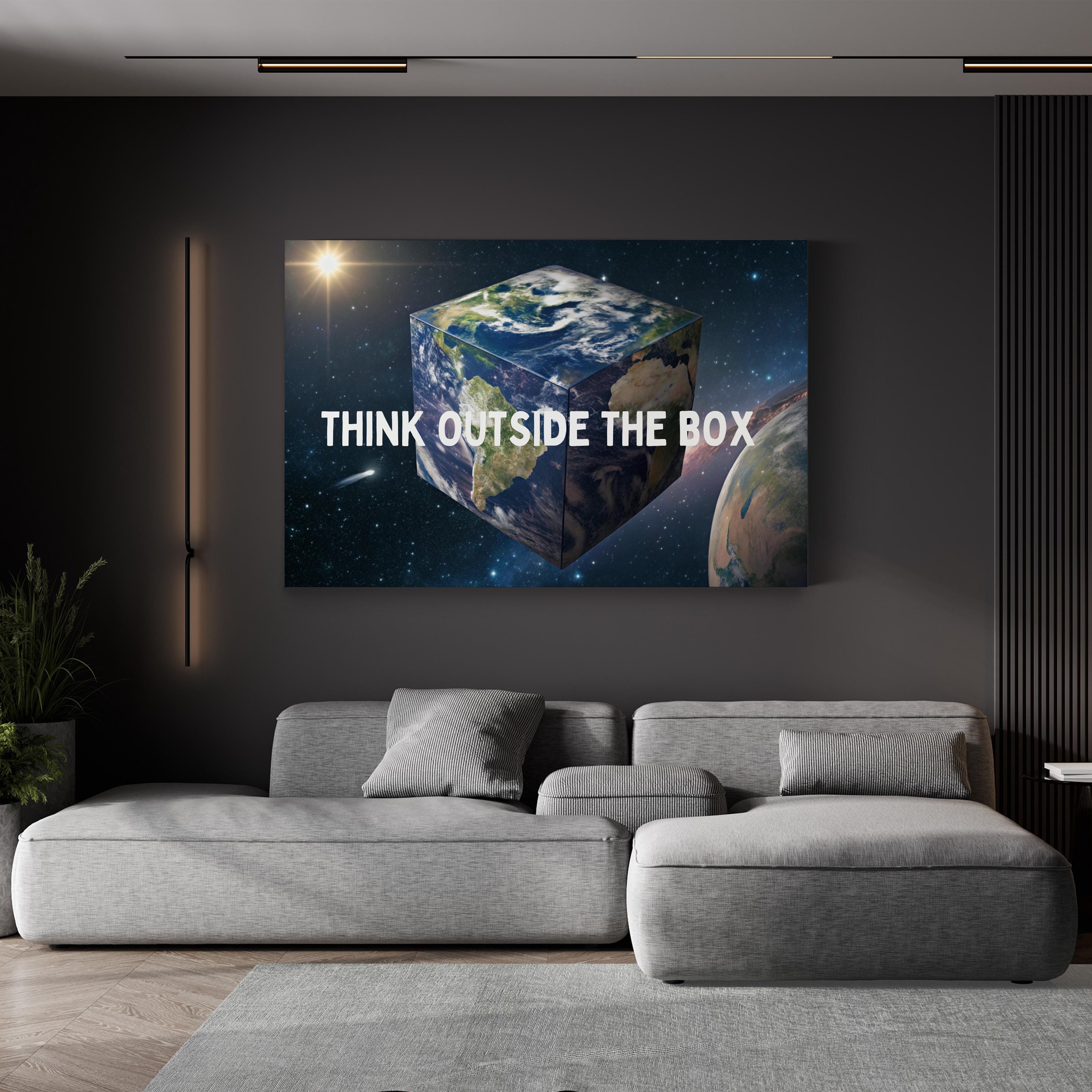 Motivational Earth Cube Wall Art | “Think Outside the Box” Galaxy Conceptual Canvas Print