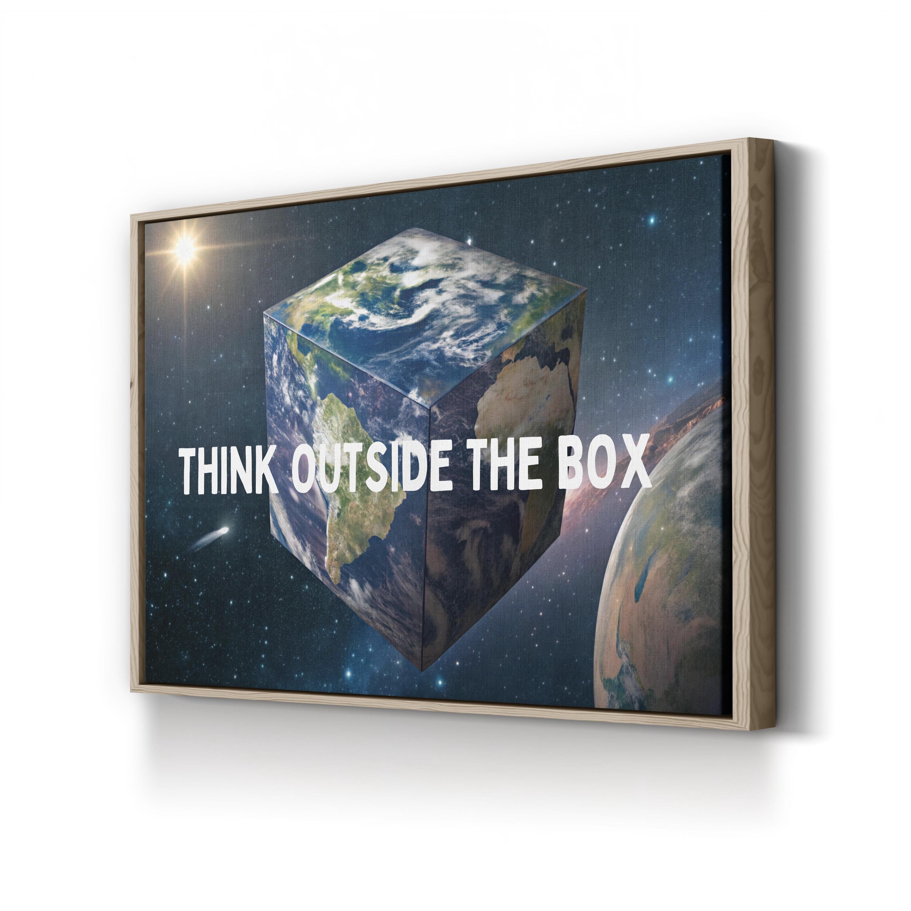 Motivational Earth Cube Wall Art | “Think Outside the Box” Galaxy Conceptual Canvas Print