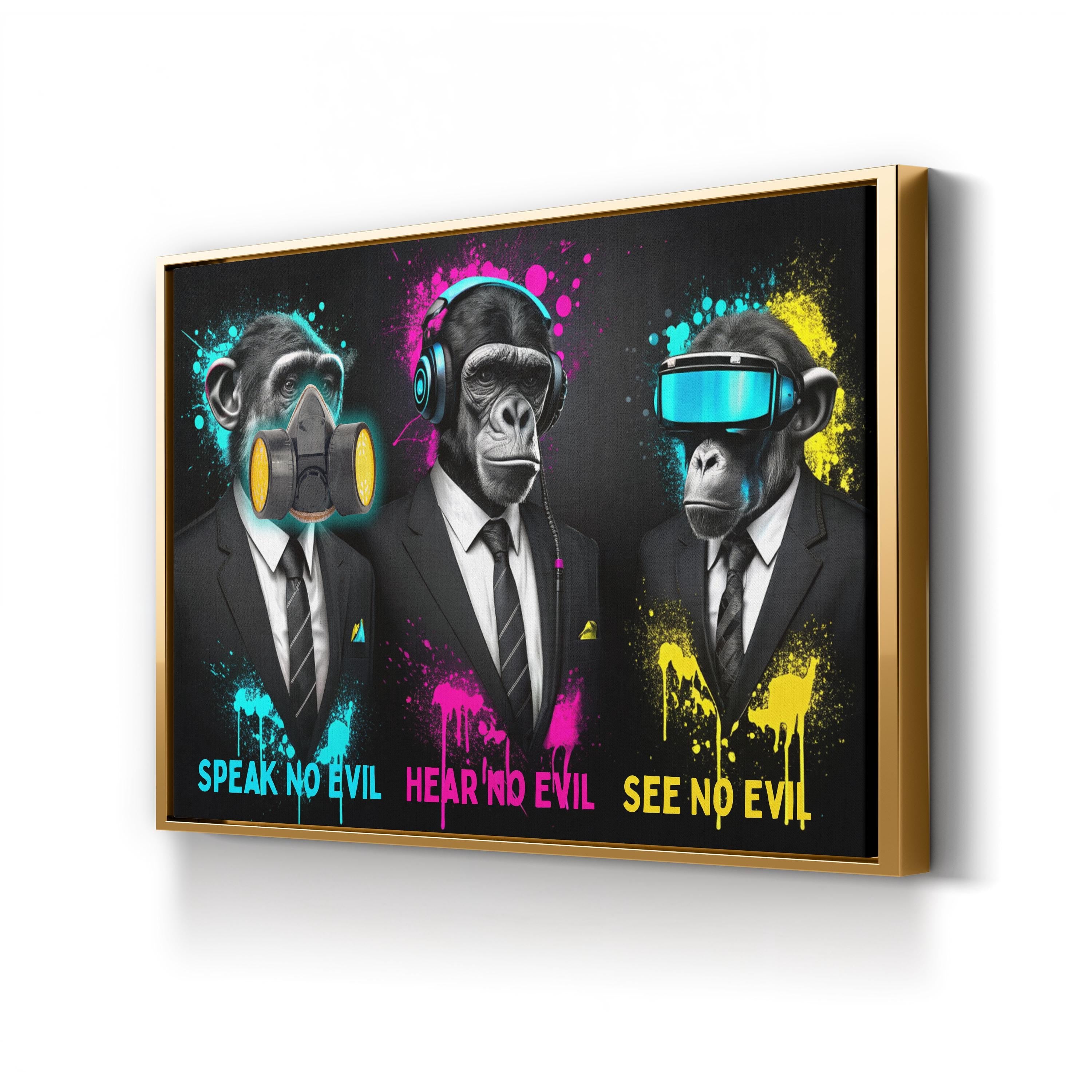 Three Wise Monkeys Pop Art Canvas – Dark Contemporary Panorama Wall Art