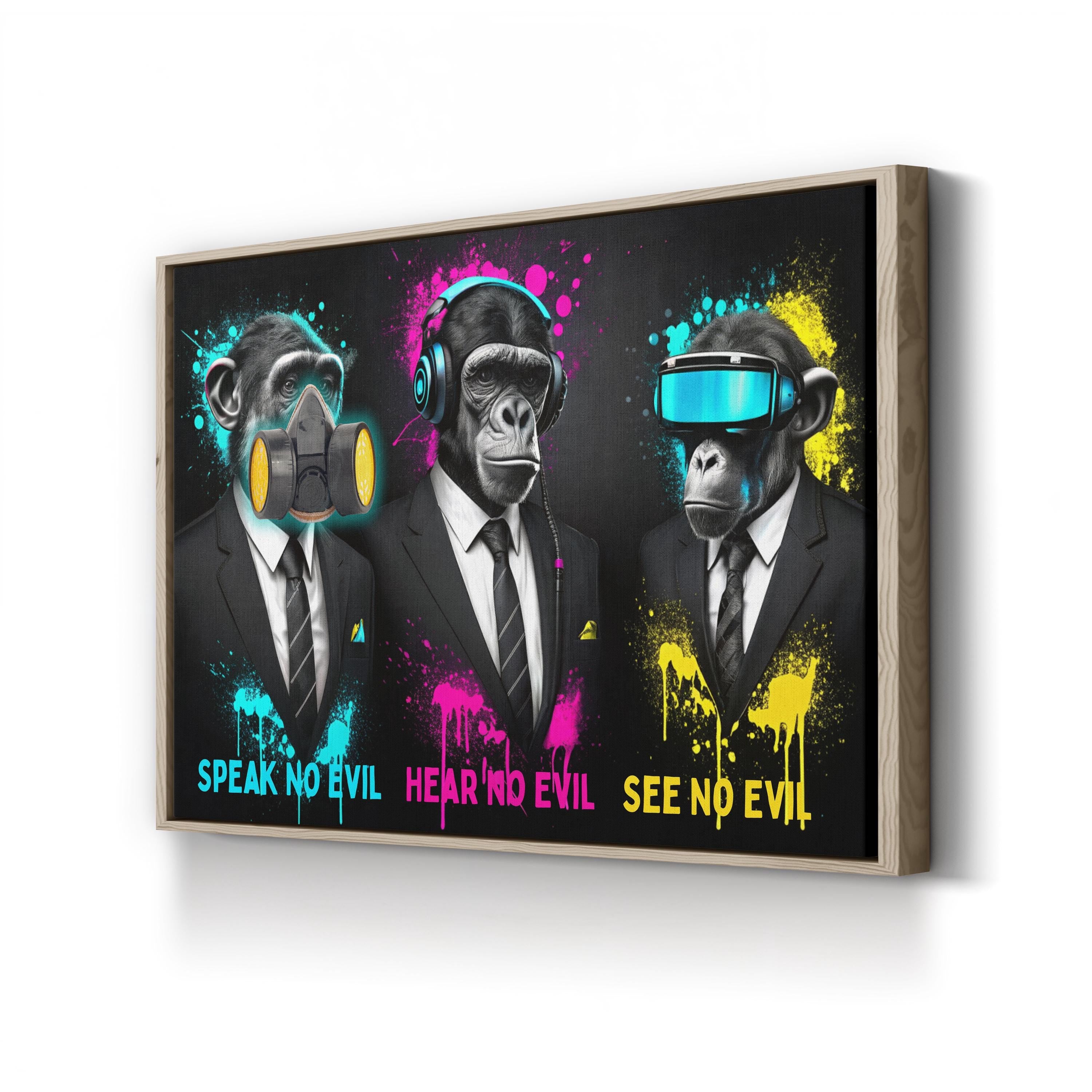 Three Wise Monkeys Pop Art Canvas – Dark Contemporary Panorama Wall Art