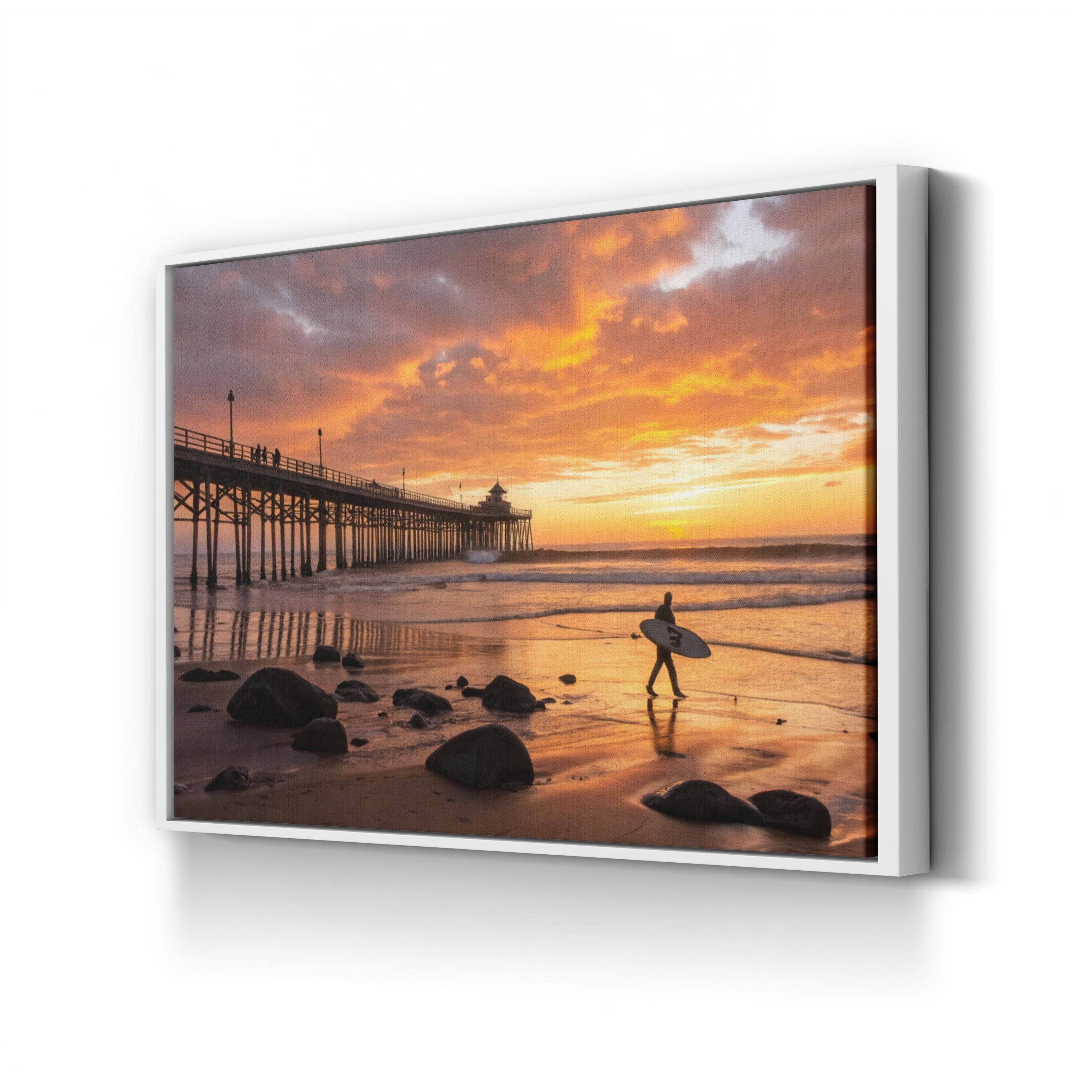 Huntington Beach Pier Sunset, Huntington Beach, California Canvas Art: Surfer Silhouette Coastal Photography